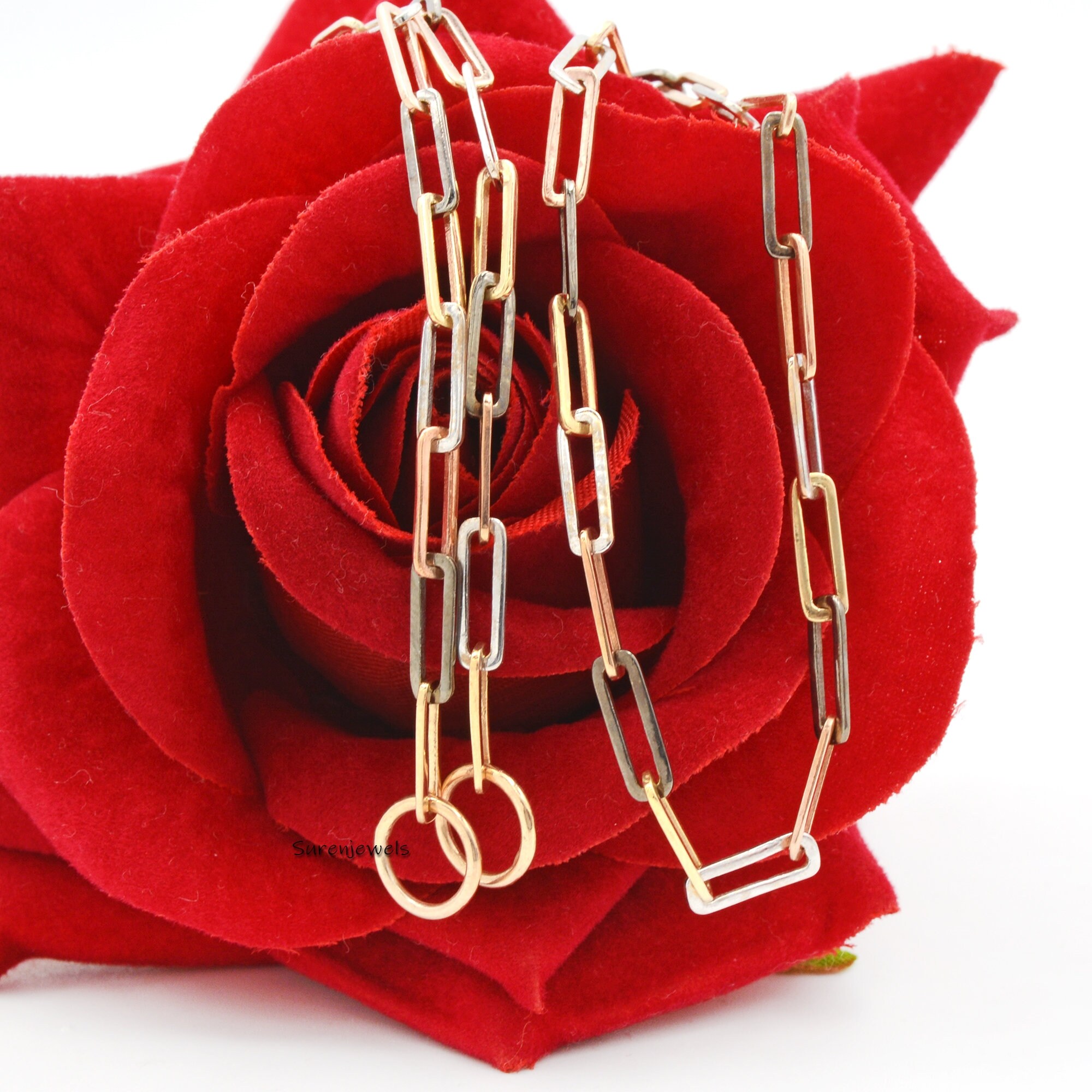 Two-Tone 925 Silver Paperclip Chain Necklace - View 2 - Suren Jewels | SKU: SJN27/ G1-SLNSYGRHRG-10M-18I