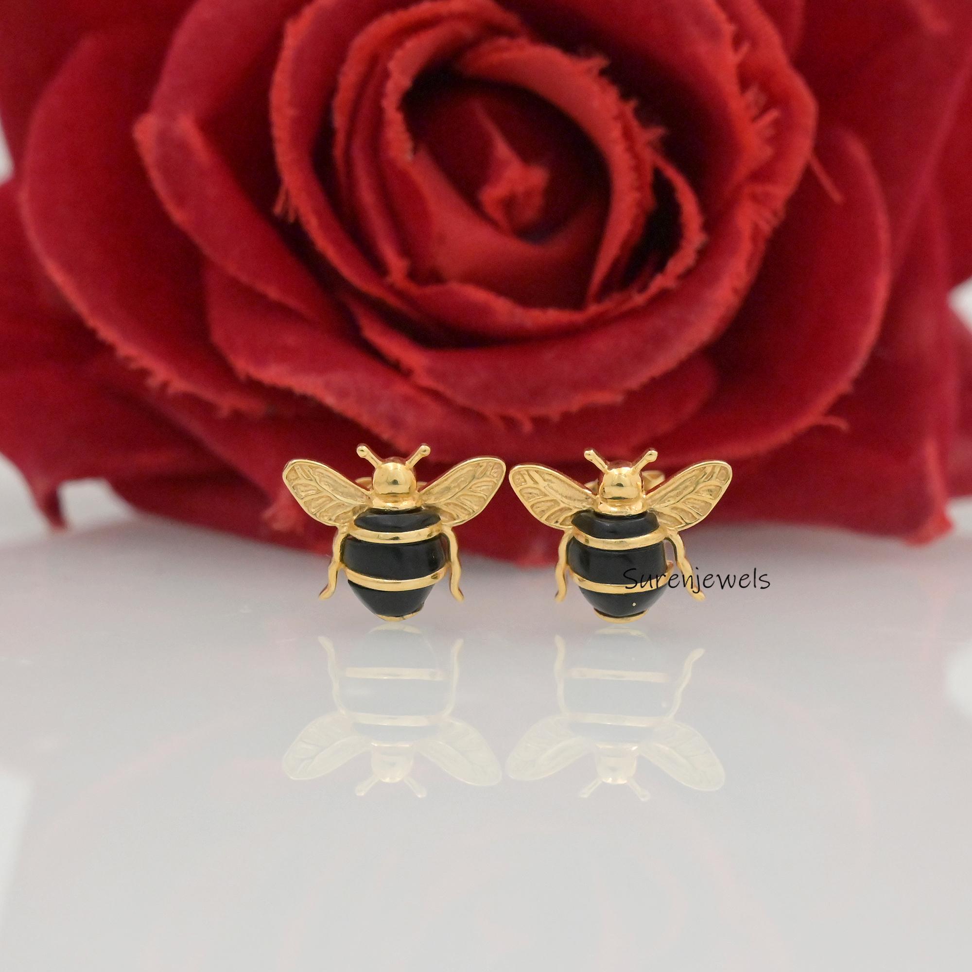 14K Gold Honey Bee Stud Earrings: Dainty Bumble Bee Jewelry - View 4 - Suren Jewels | SKU: SJE1756-SLYGEOP-12M,SJE1753-SLYGLP