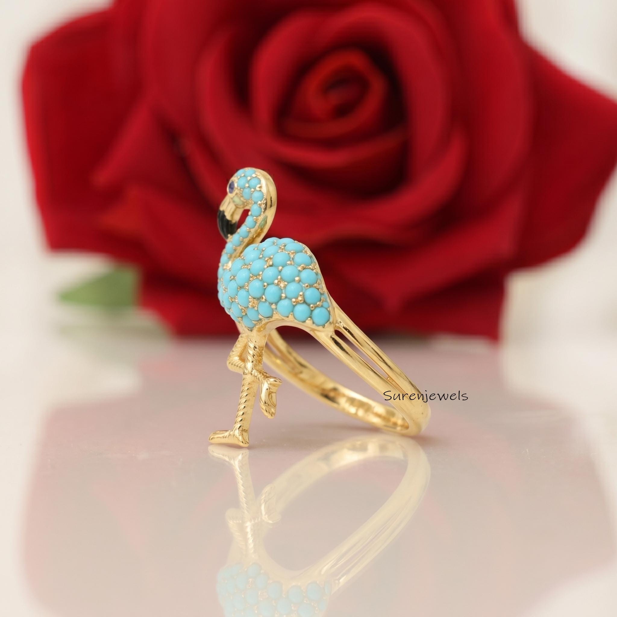 14k Gold Flamingo Ring, Gold Animal Bird Ring, Turquoise Flamingo Ring, Cute Flamingo Ring, Flamingo Ring Jewelry, Dainty Fla