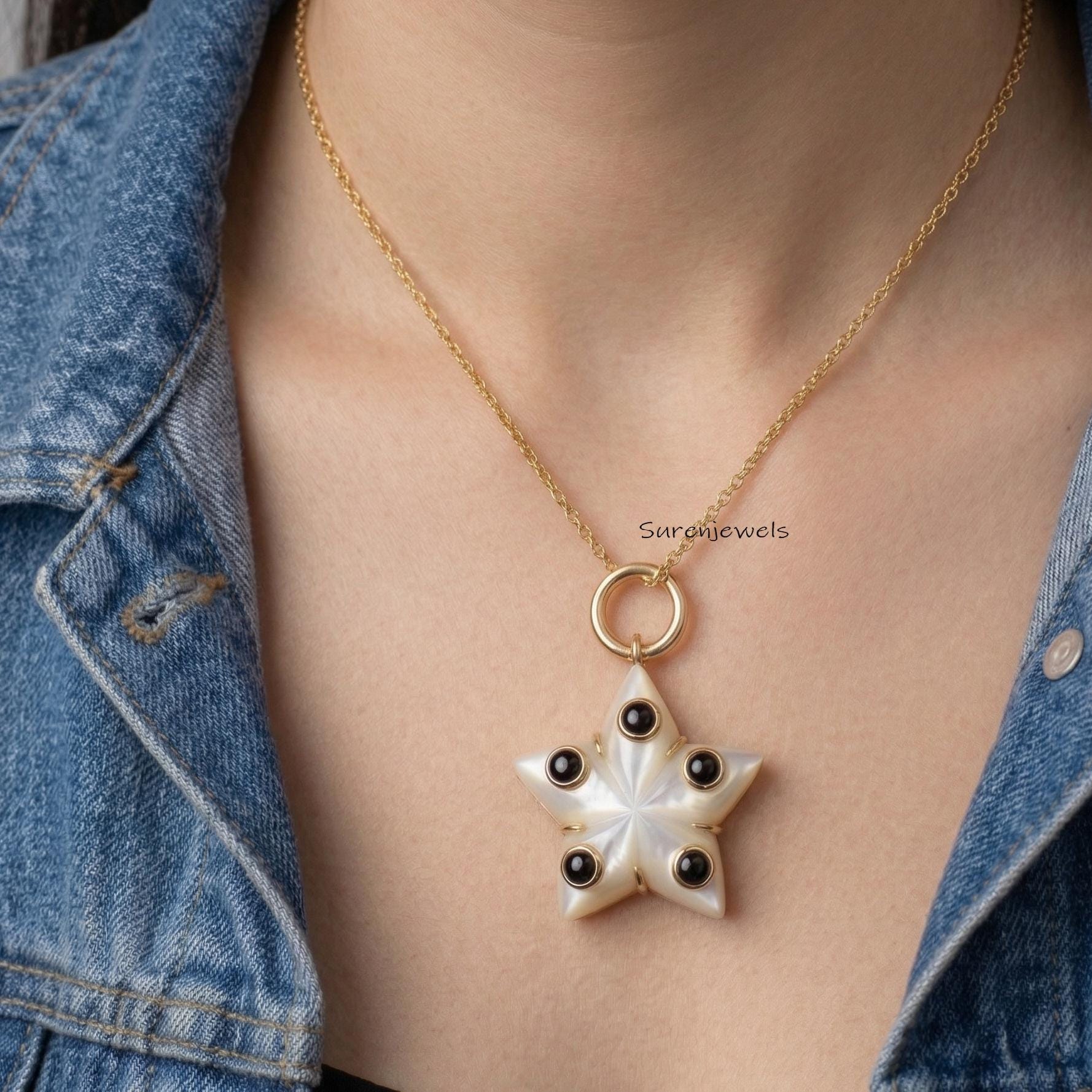 Hand Carved 14k Gold Gemstone Star Pendant handmade Designer Jewelry - View 2 - Suren Jewels | SKU: SJP6167-SLYGTQBO-25M
