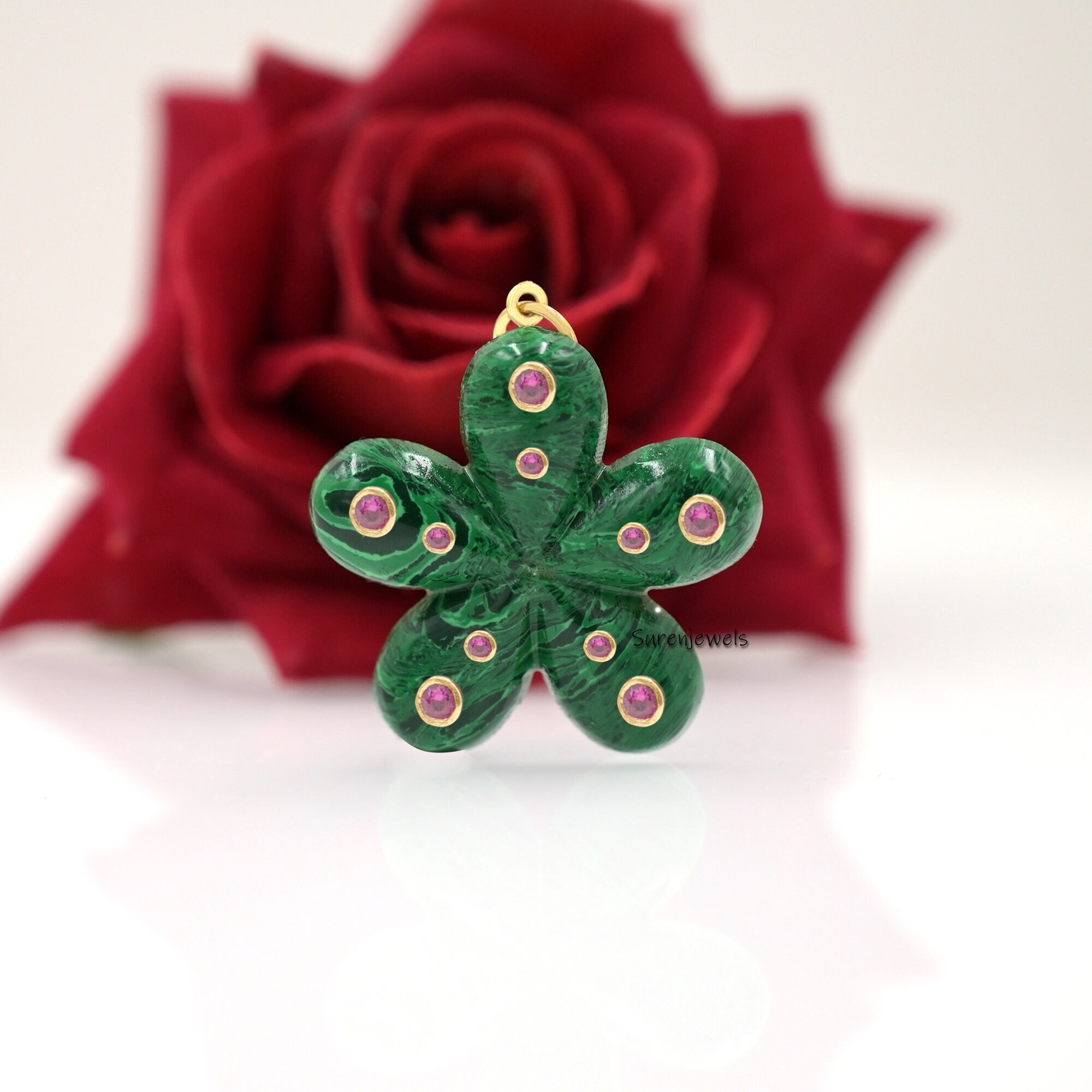 14K Solid Gold Gemstone Flower Pendant - Handmade Vintage Style - View 5 - Suren Jewels | SKU: SJP2453-SLYGGOPCZR