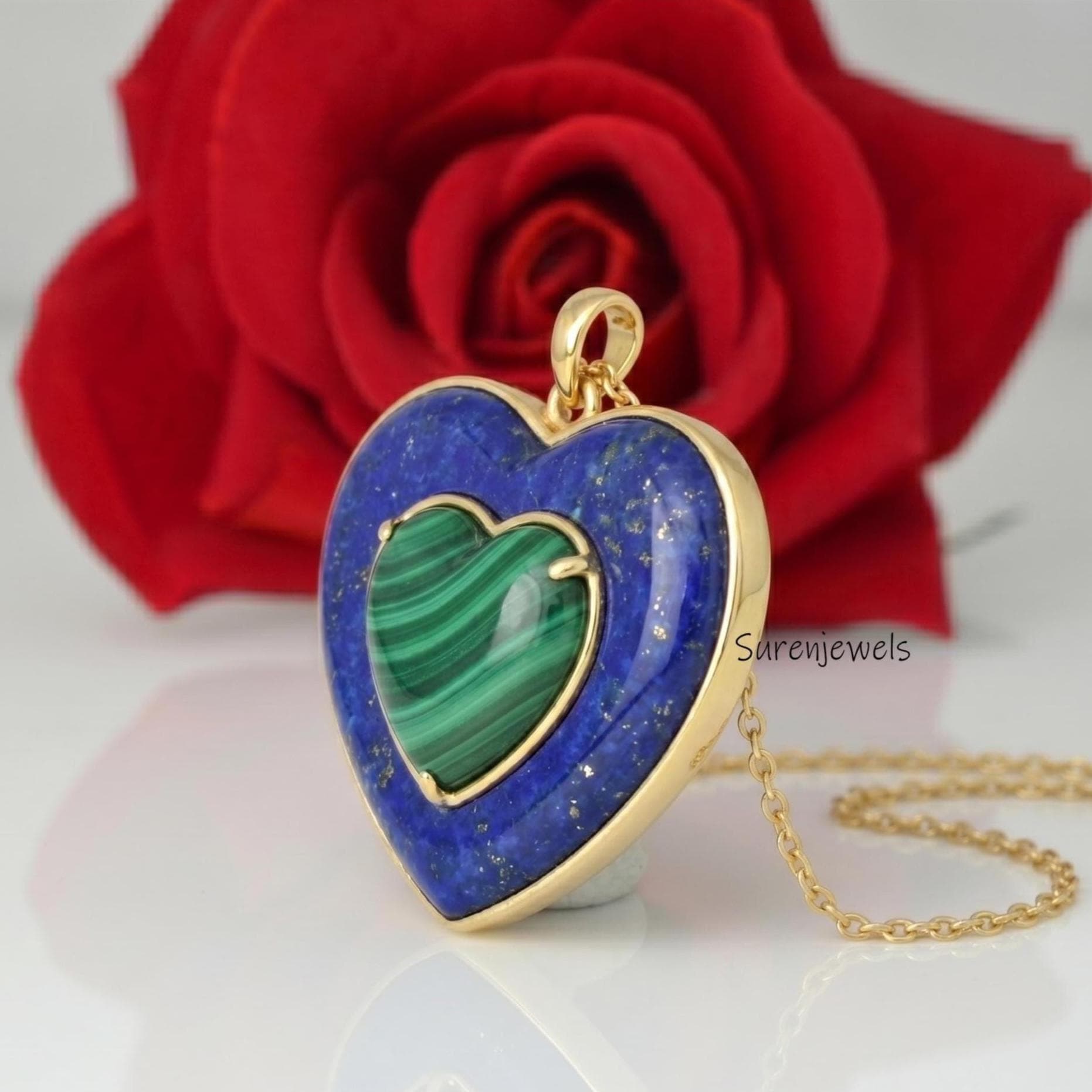 14K Gold Plated All Gemstone Hand Carving Heart Pendant, Multi Stone Heart Pendant, Gemstone Designer Heart Pendant,Carved He