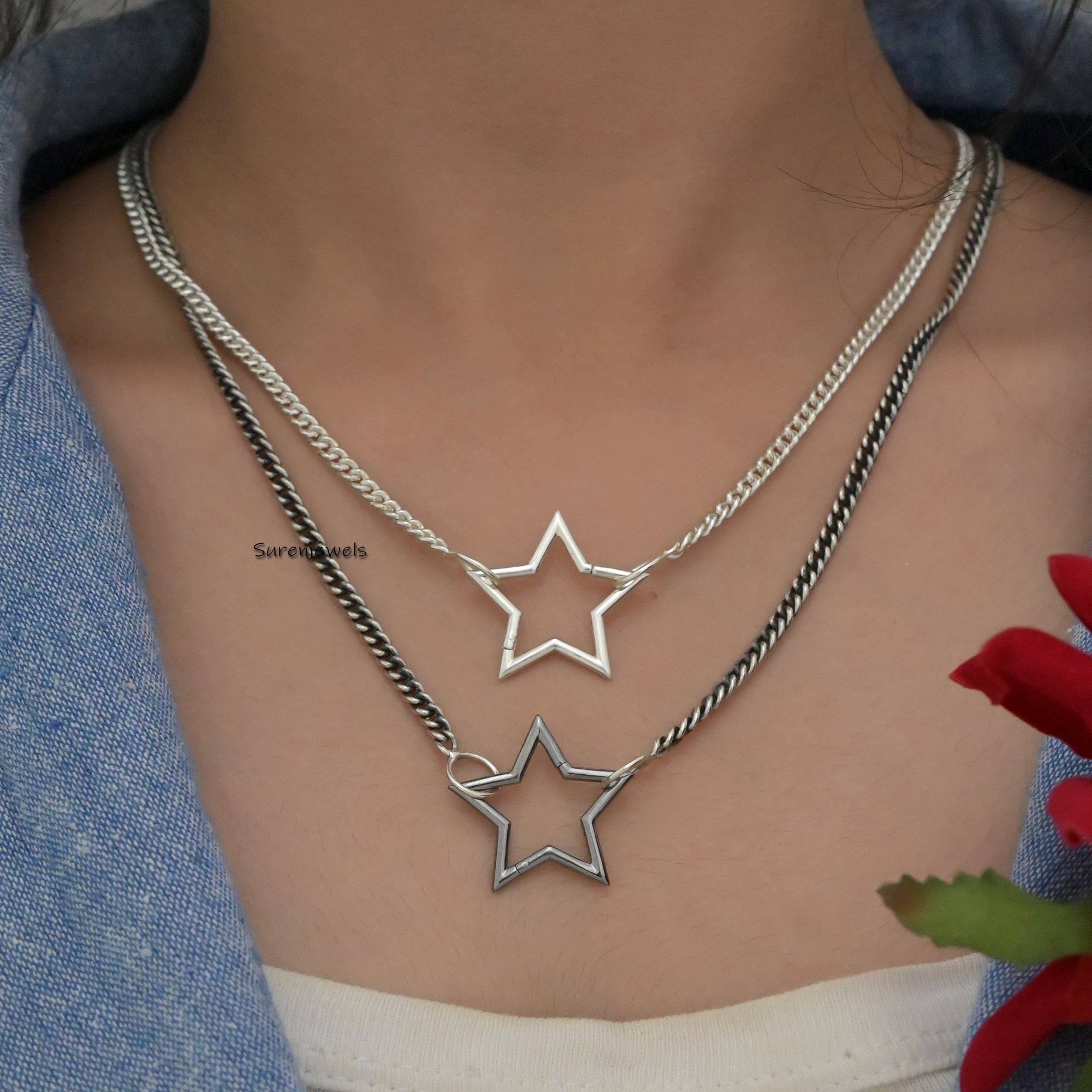 925 Silver Star Enhancer Lock: Handmade Jewelry Link - View 2 - Suren Jewels | SKU: SJP508-SLYG-N47-18I-925