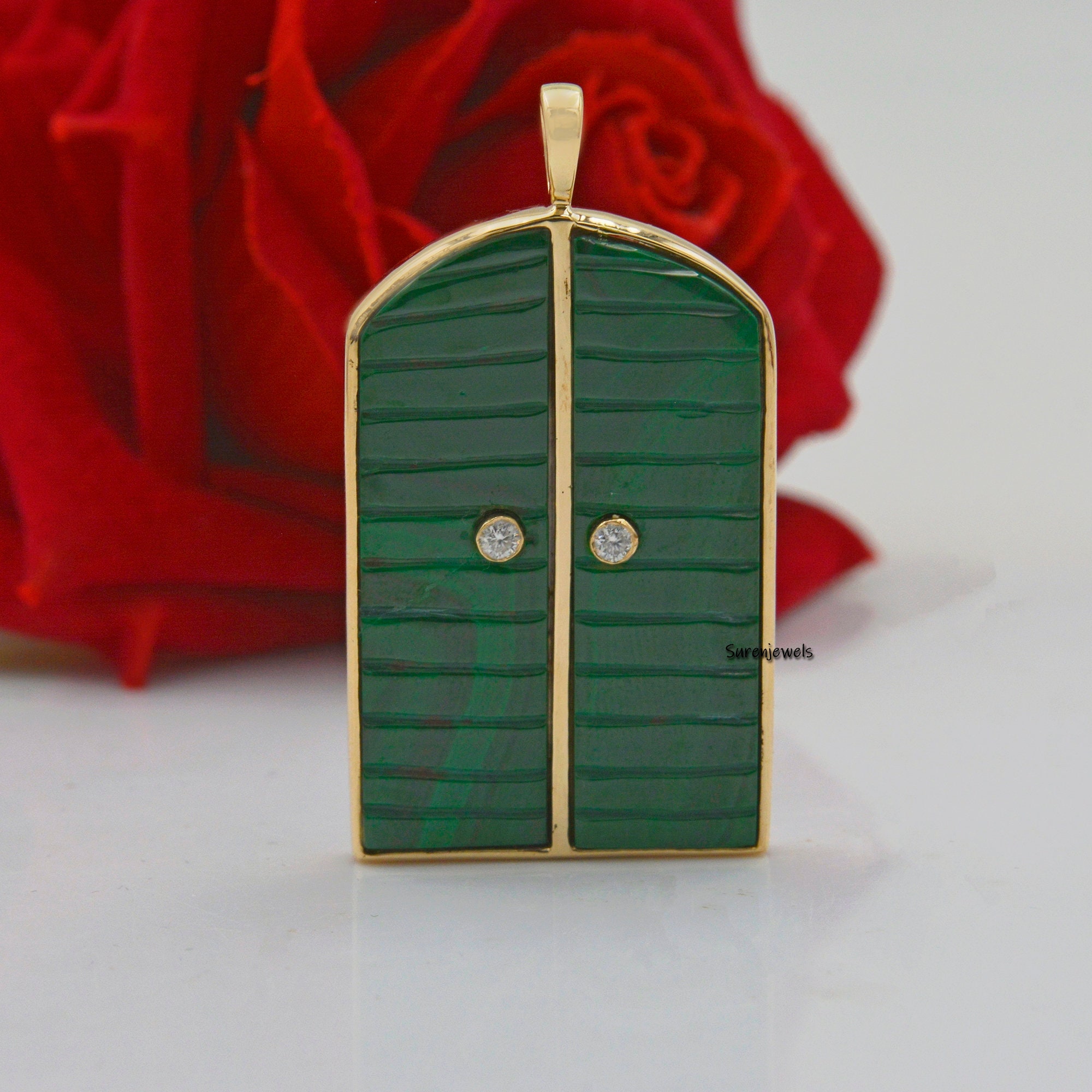 14k Gold Turquoise Door Pendant: Carved Gemstone, Handmade - View 5 - Suren Jewels | SKU: SJP1045-SLYGDITE
