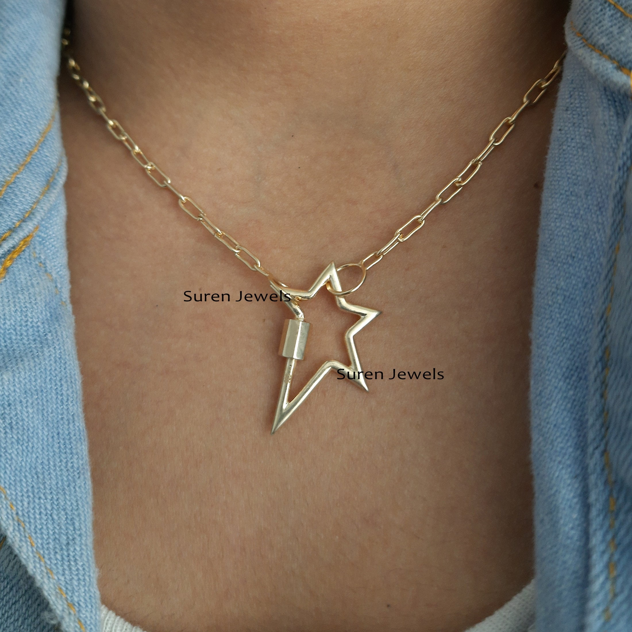 925 Silver Star Carabiner Lock Pendant: Handmade Jewelry - View 6 - Suren Jewels | SKU: SPC20-SLYG-N36-18I