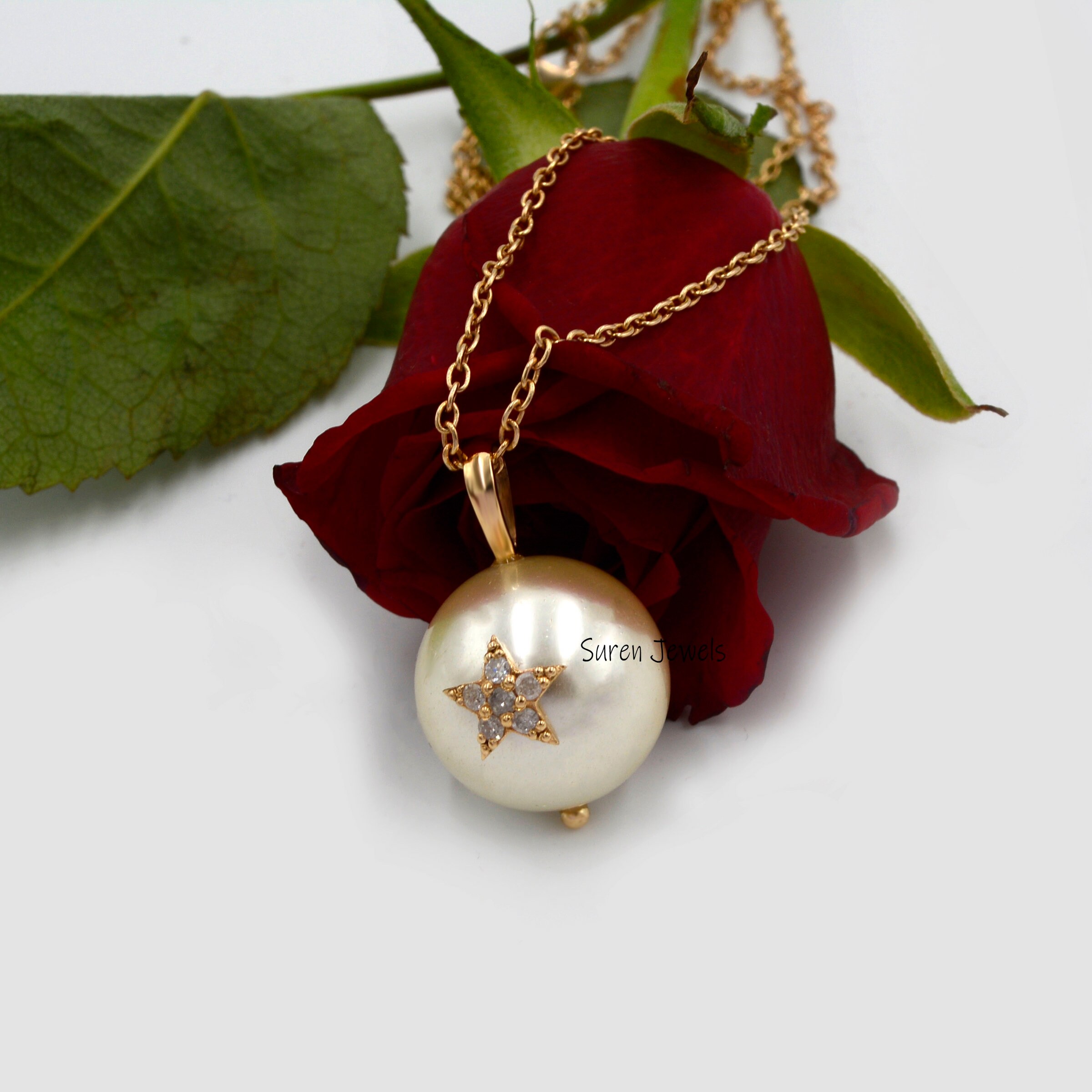 14K Gold Gemstone Star Ball Pendant: Handmade Carved Pearl & Diamond - View 5 - Suren Jewels | SKU: SJP741-SUREN14K