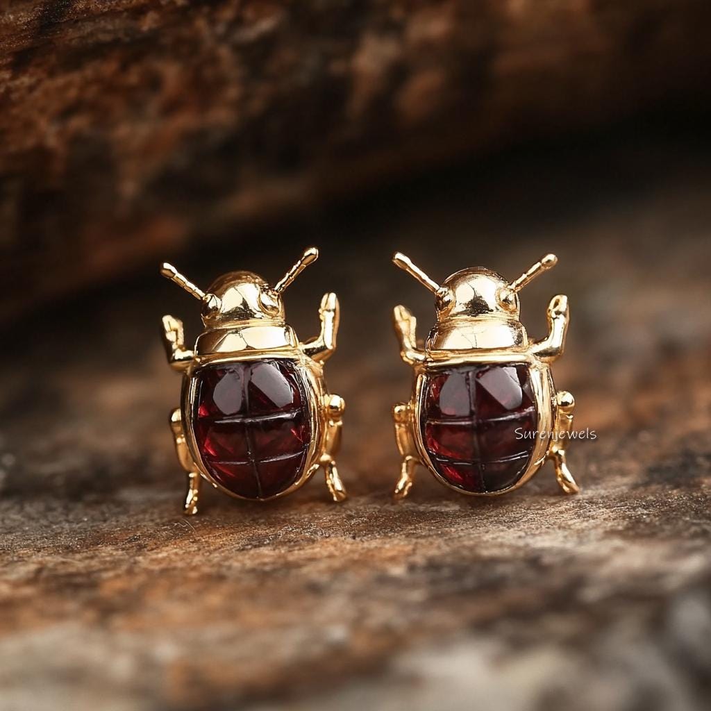 14K Gold Gemstone Scarab Studs: Hand Carved Egyptian Beetle Earrings - View 6 - Suren Jewels | SKU: SJE1875-SLYGGT-10M,SJE187