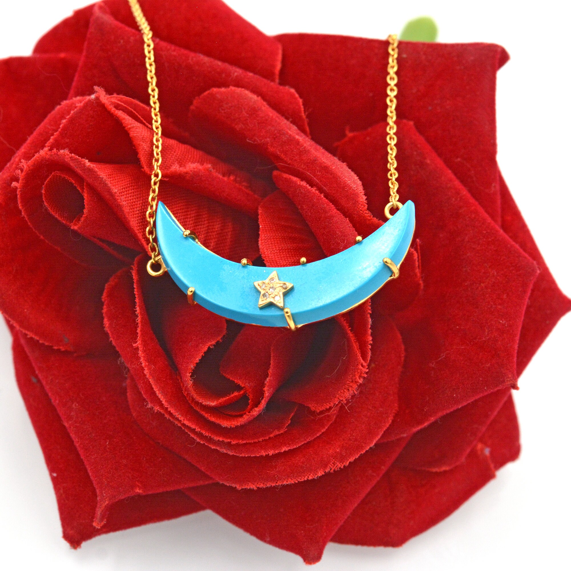 14k Gold Plated Turquoise Moon Pendant Necklace: Gemstone Jewelry - View 7 - Suren Jewels | SKU: SJN693-SLNSDIMK-18I