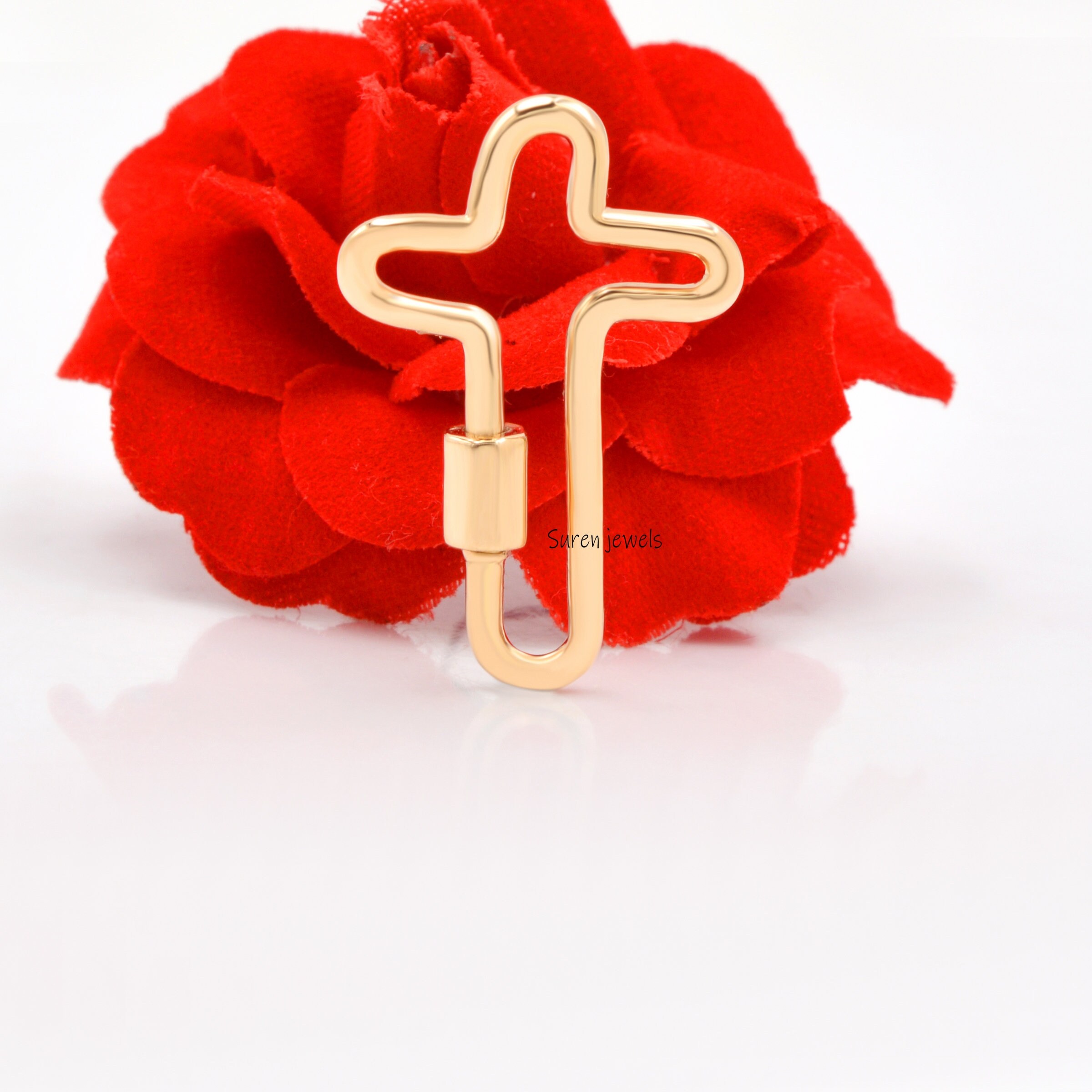 14K Gold Cross Carabiner Lock: Religious Charm (29*19 MM) - View 4 - Suren Jewels | SKU: SJC06