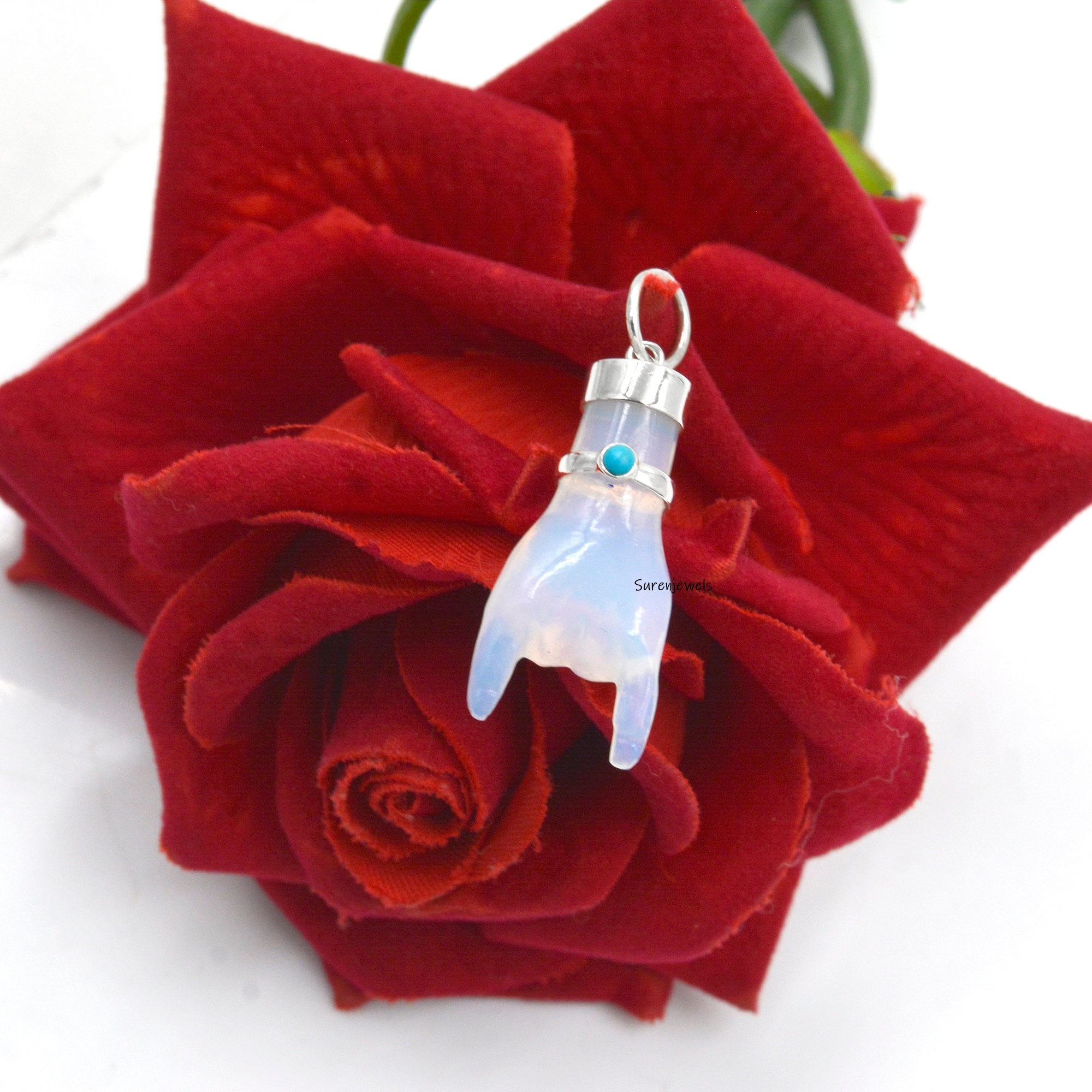 Sterling Silver Figa Hand Pendant: Coral & Turquoise Gemstone Charm - View 5 - Suren Jewels | SKU: SJP1049-SLNSMSTQ