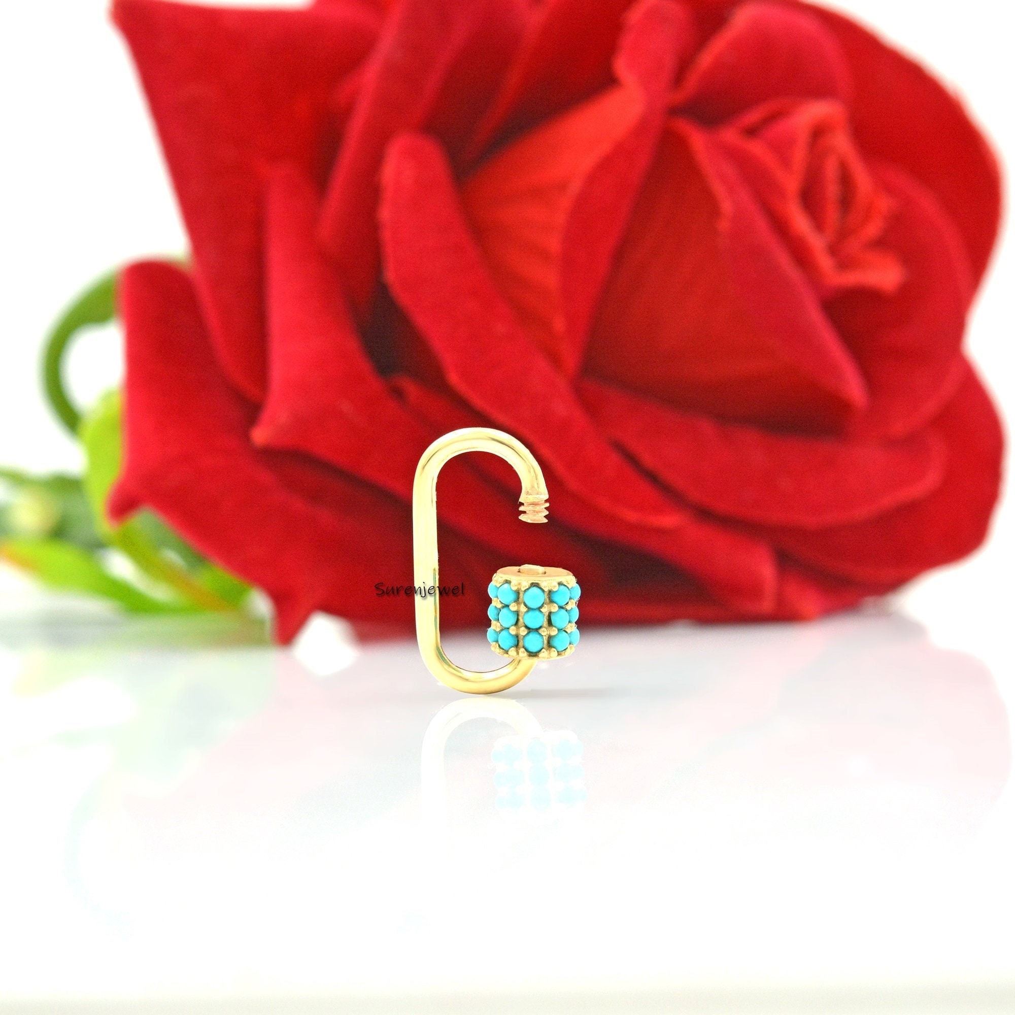 14K Gold Turquoise Carabiner Lock: Gemstone Accent - Suren Jewels | SKU: SJC09-14KYGTQ-N47-18I