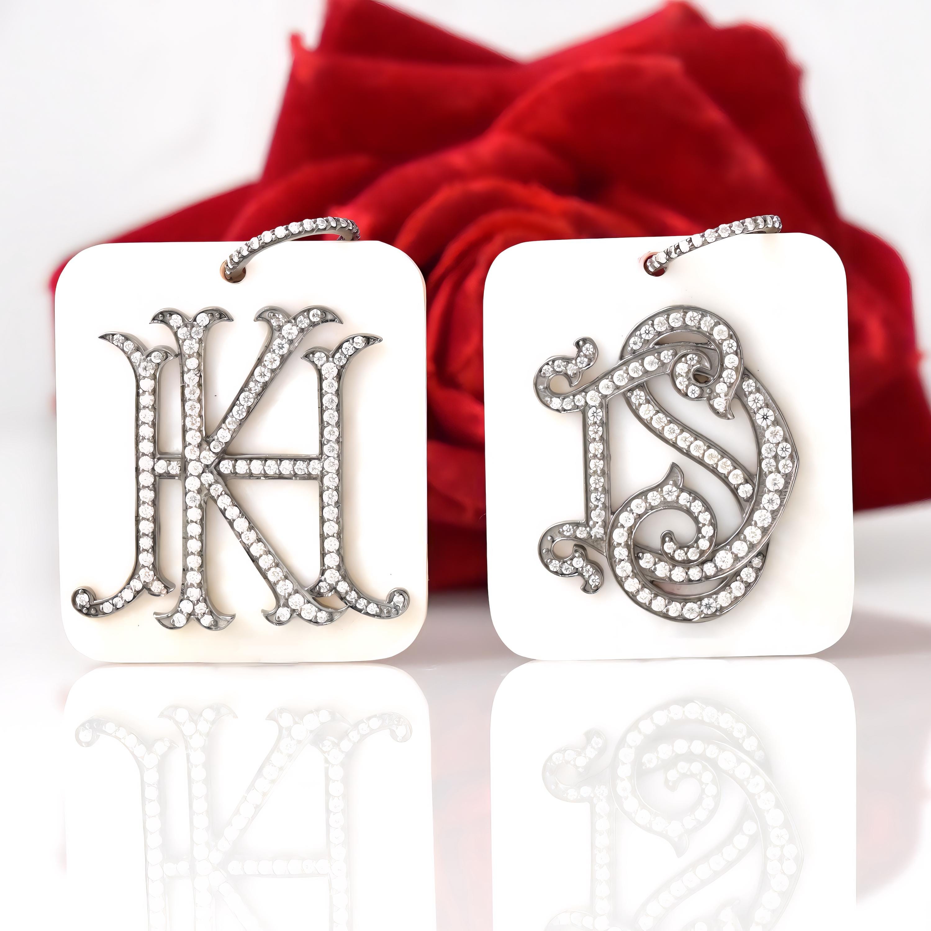 925 Silver Diamond Monogram Pendant: Pearl Gemstone Dog Tag - View 2 - Suren Jewels | SKU: SJP631-SLRHMOPDI-SG