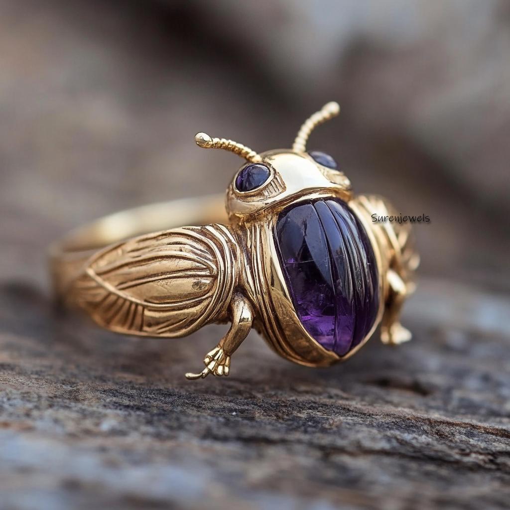 14k Gold Scarab Ring: Hand Carved Gemstone Amulet - View 4 - Suren Jewels | SKU: SJR2821-SLWGTQ-US-7,SJR