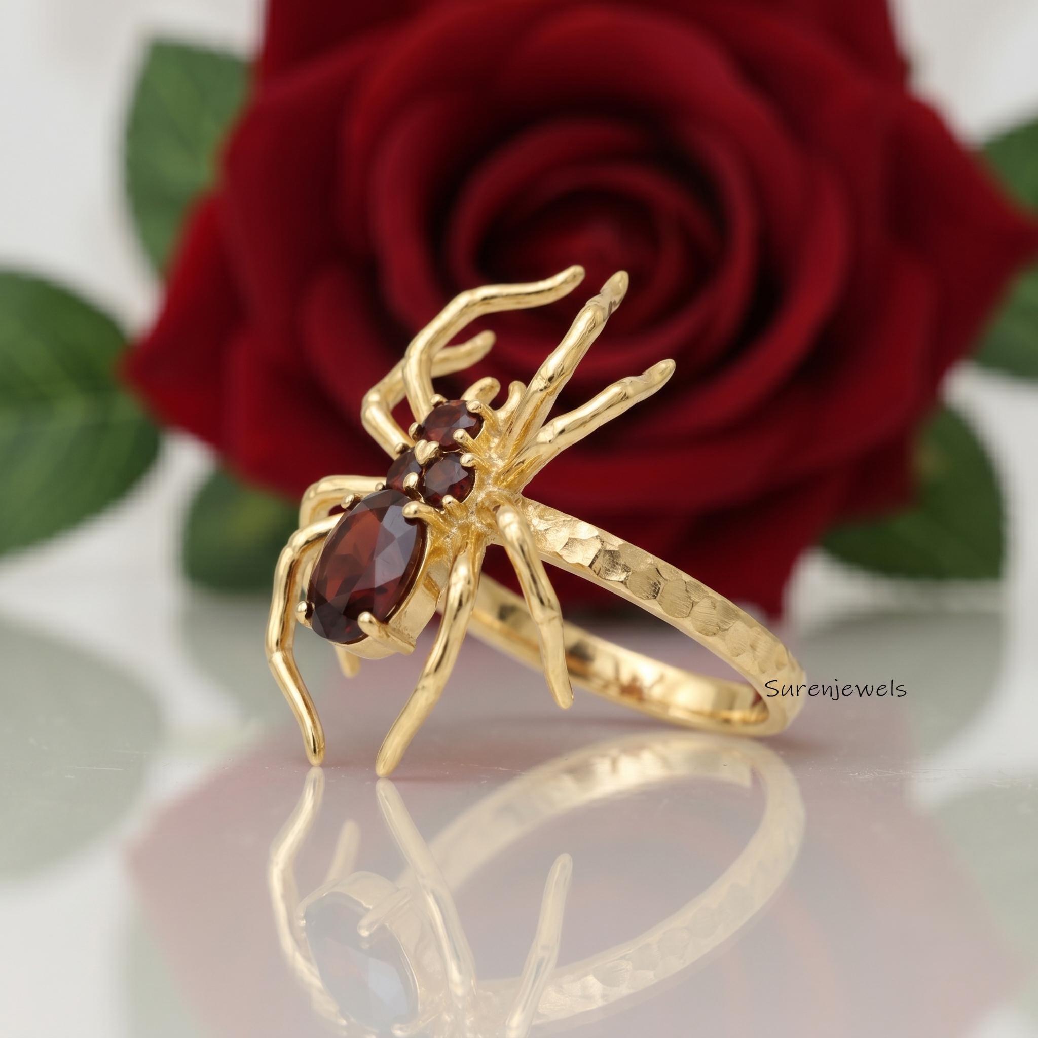 14k Gold Gemstone Spider Ring, Halloween Spider Ring, Gold Designer Spider Ring, Gold Spider Jewelry, Gold Gemstone Animal Ri