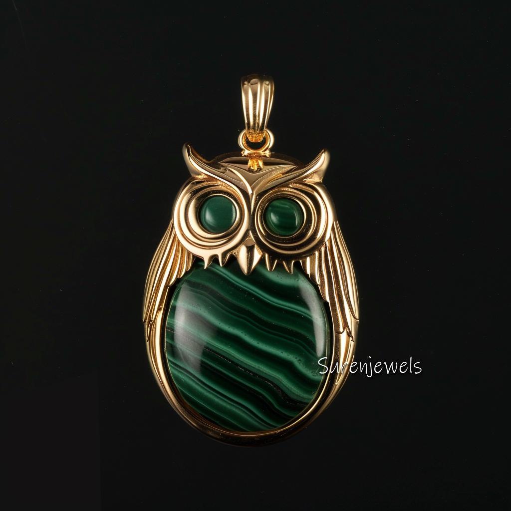 Carved Gemstone Owl Pendant: Malachite, Larimar, Gold or Silver - View 2 - Suren Jewels | SKU: SJP4244-SLYGMK-30M