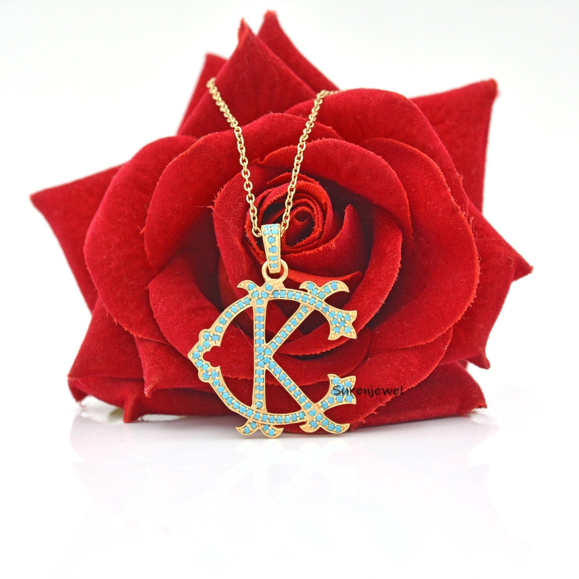 925 Silver Turquoise Monogram Pendant - Custom Two Letter Initial - Suren Jewels | SKU: SJP540-SLYGTQ-CK