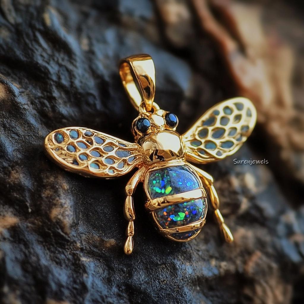 14k Gold Gemstone Bee Pendant: Dainty Opal Honey Bee Charm - View 5 - Suren Jewels | SKU: SJP4476-SLYGMK-30M,SJP4442-SLRGEOOP
