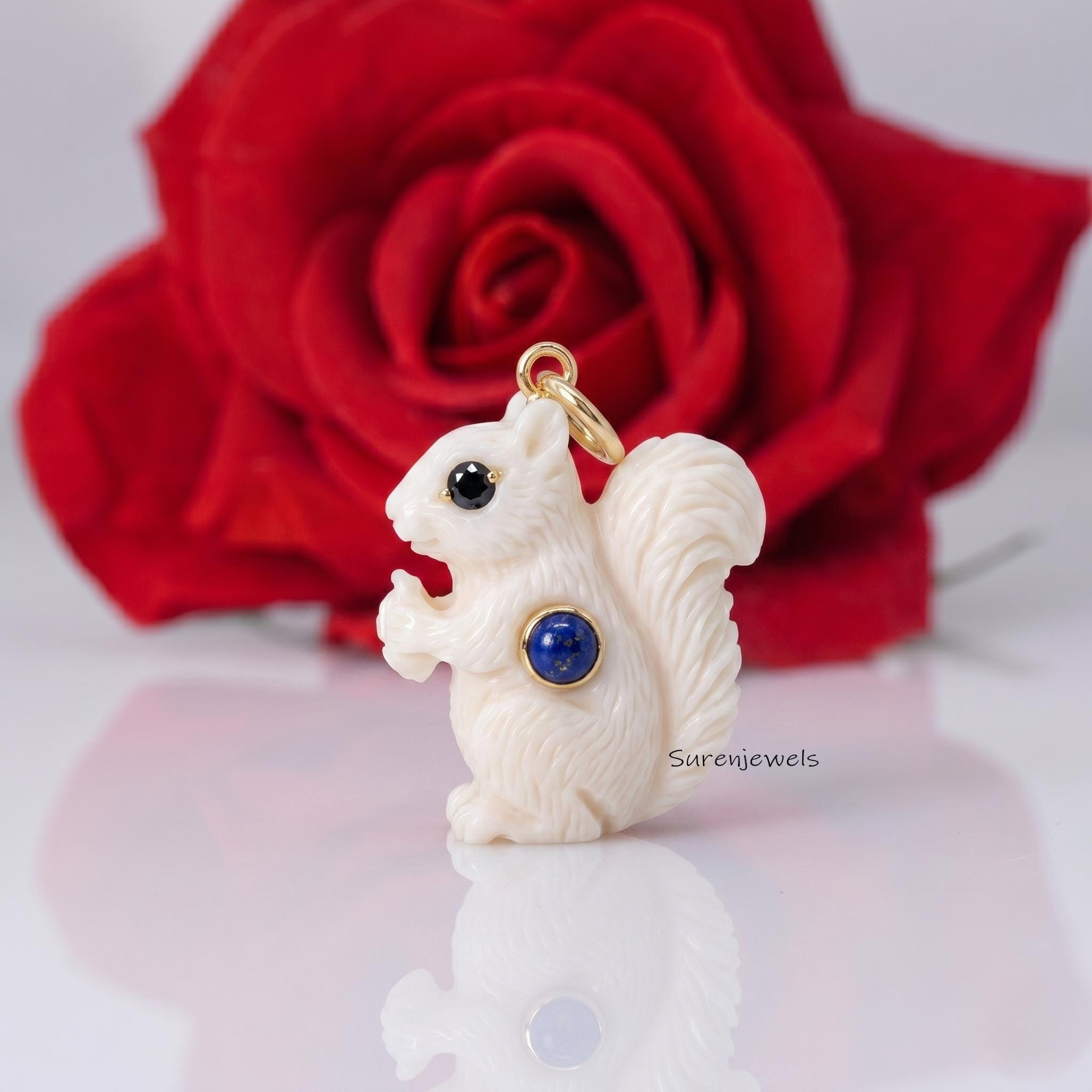 Hand Carving 14k Gold Gemstone Squirrel Pendant, Gemstone Squirrel Pendant - Suren Jewels | SKU: SJP