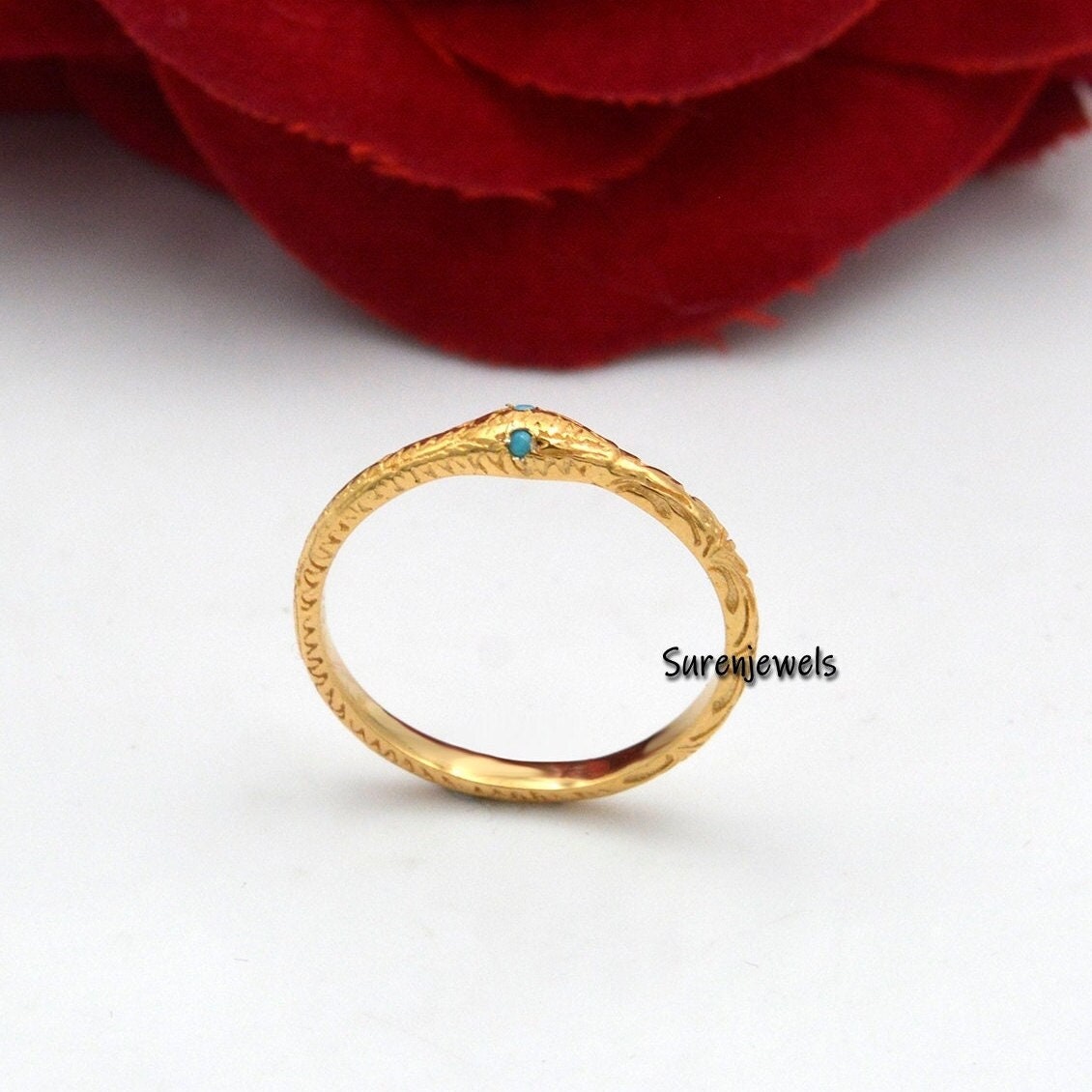 14k Solid Gold Ouroboros Snake Ring: Gemstone Serpent Jewelry - Suren Jewels | SKU: SJR912-SLYGTQ-US-5