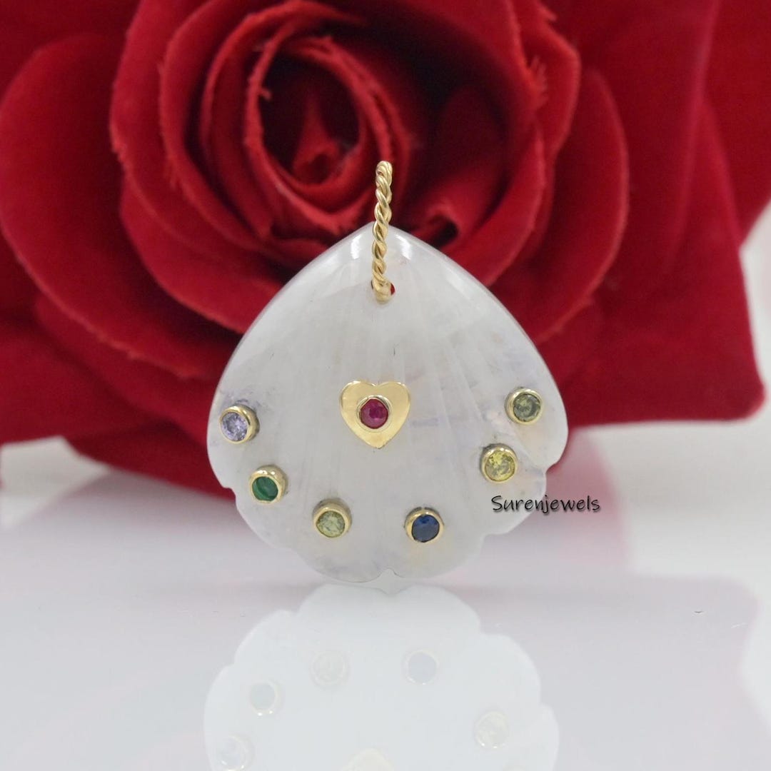 Scallop Shell Gemstone 14k Gold Pendant, Gemstone Shell Pendant Jewelry ...
