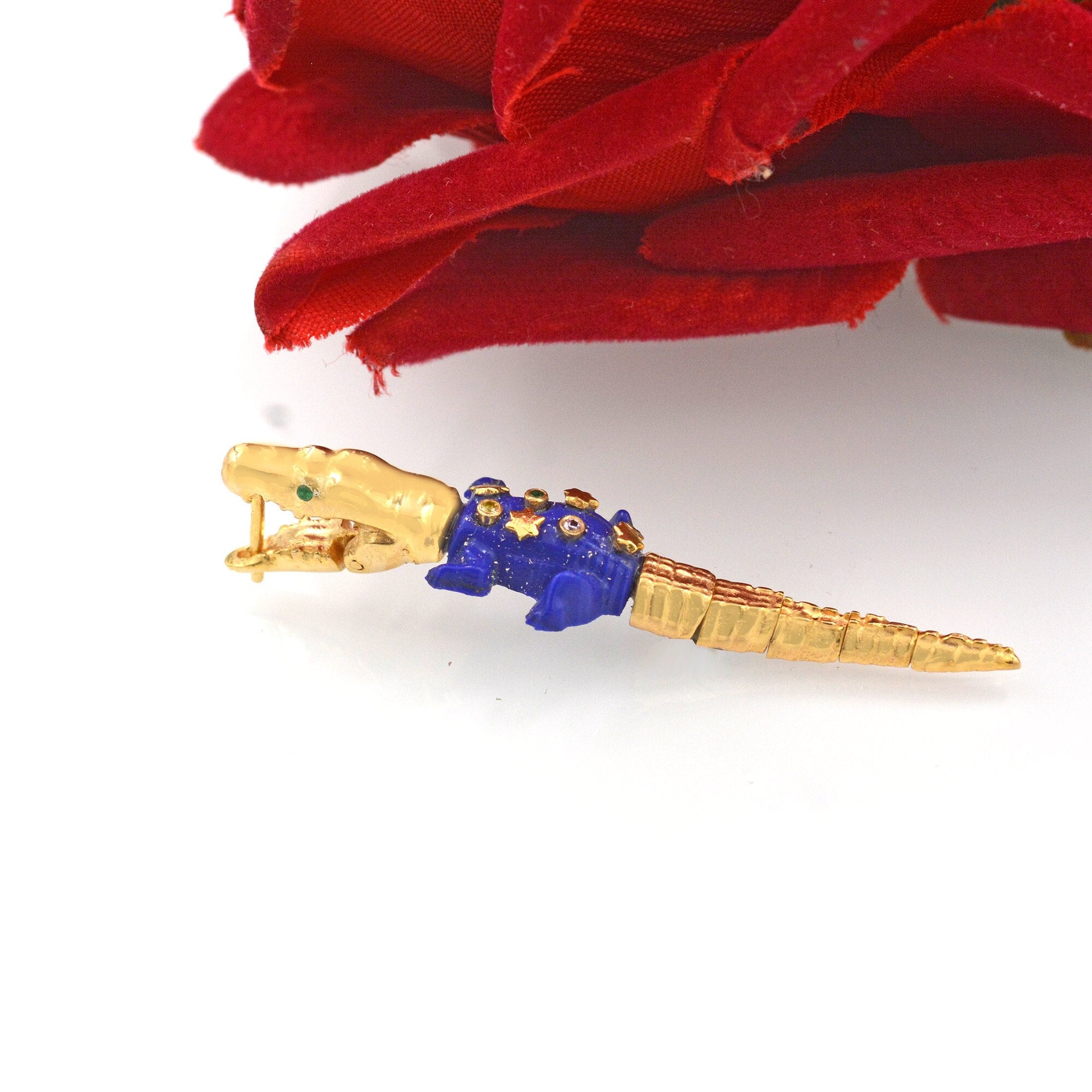14K Gold Gemstone Crocodile Earring, Handmade Designer Alligator - Suren Jewels | SKU: SJP1189-SLYGLPZMTCSEM