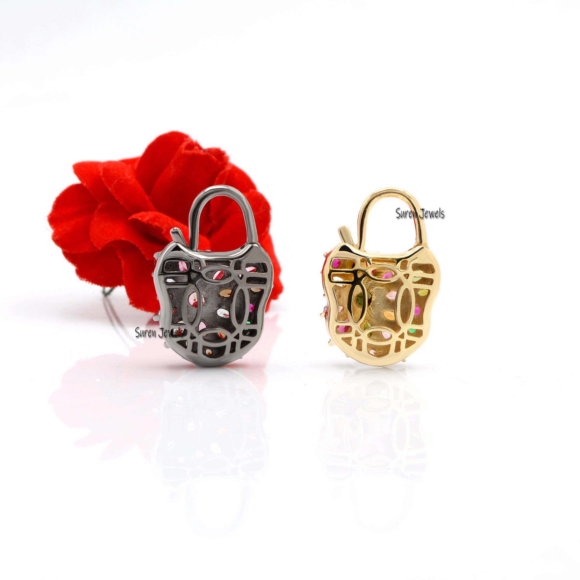 Gold Vermeil Multi Tourmaline Padlock Pendant: 925 Silver Connector - View 3 - Suren Jewels | SKU: SJP41-SLYGMTTL-N22-18I
