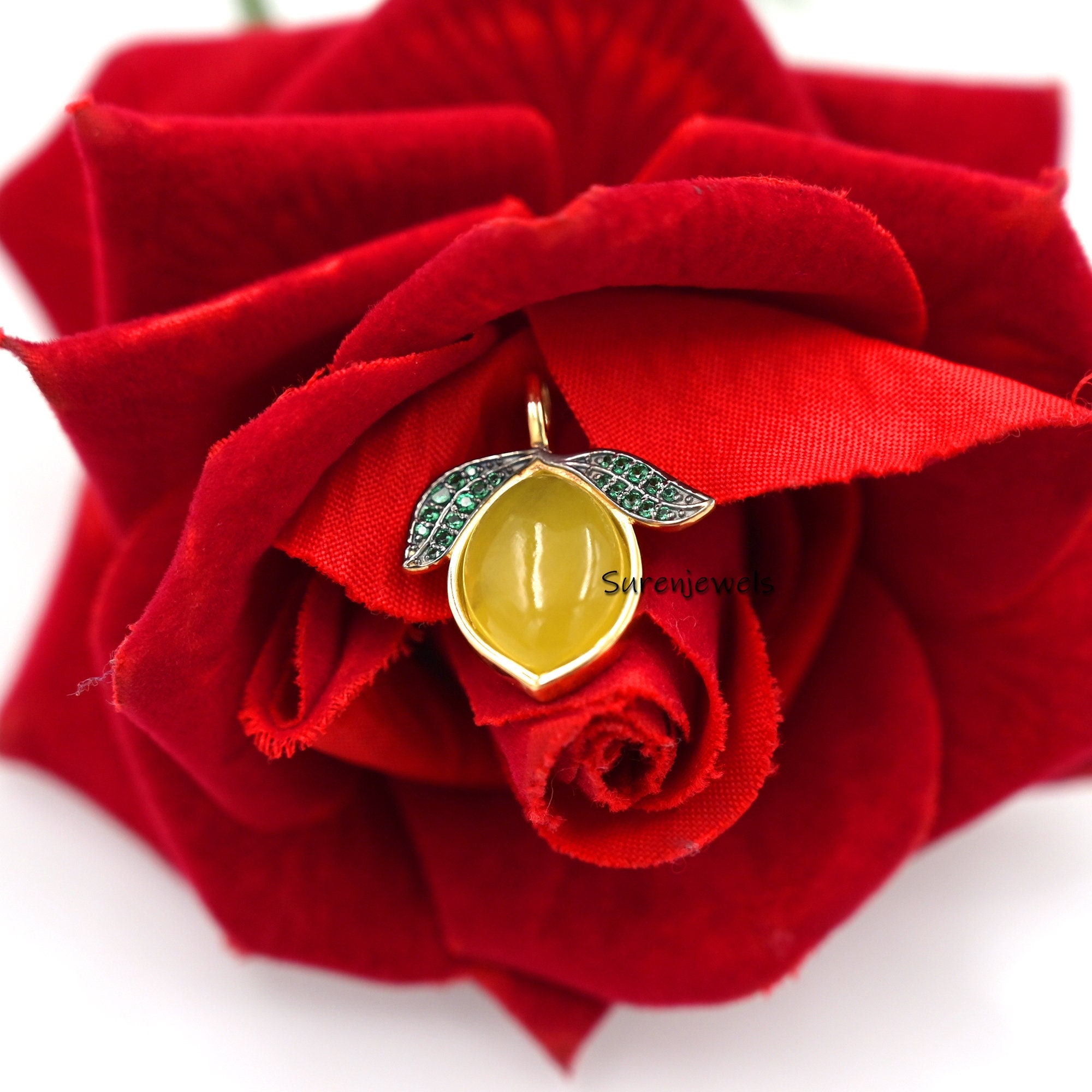 Handmade 14K Gold Yellow Quartz Lemon Pendant with Green CZ - View 3 - Suren Jewels | SKU: SJP1684-SLYGRHYOGCZ