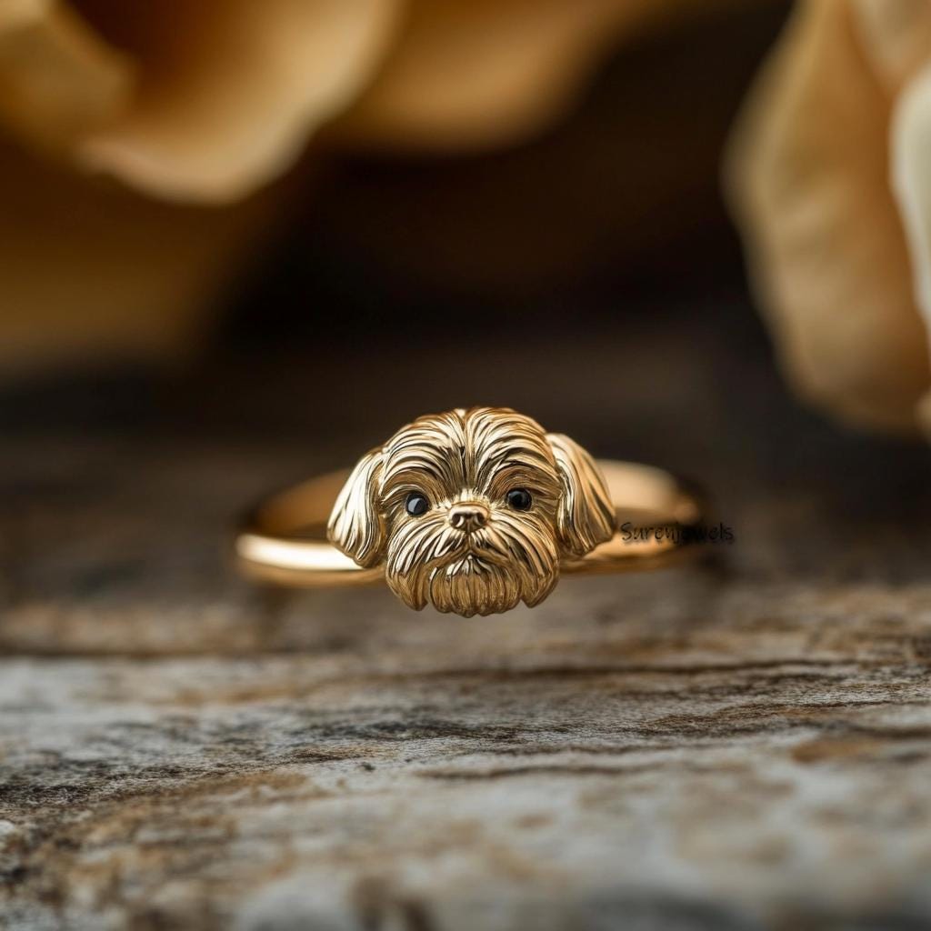 14k Gold Shih Tzu Ring: Dainty Animal Jewelry - View 6 - Suren Jewels | SKU: SJR2911-SLYGBKCZ-US-10,SJR2909-SLNSBKCZ-US-7,SJR
