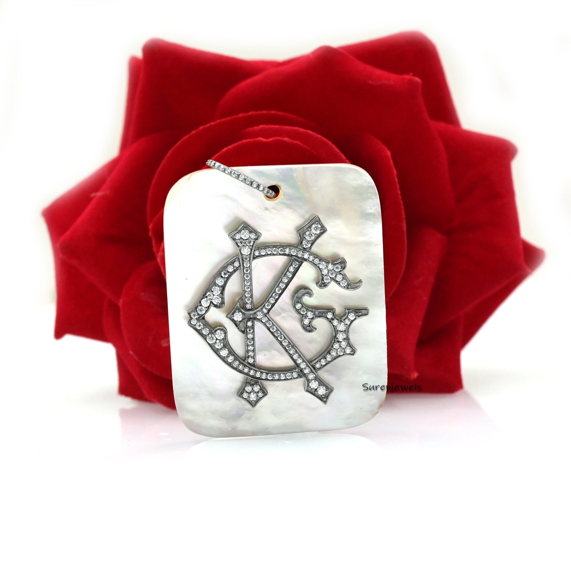 925 Silver Diamond Monogram Pendant: Pearl Gemstone Dog Tag - View 7 - Suren Jewels | SKU: SJP631-SLRHMOPDI-SG