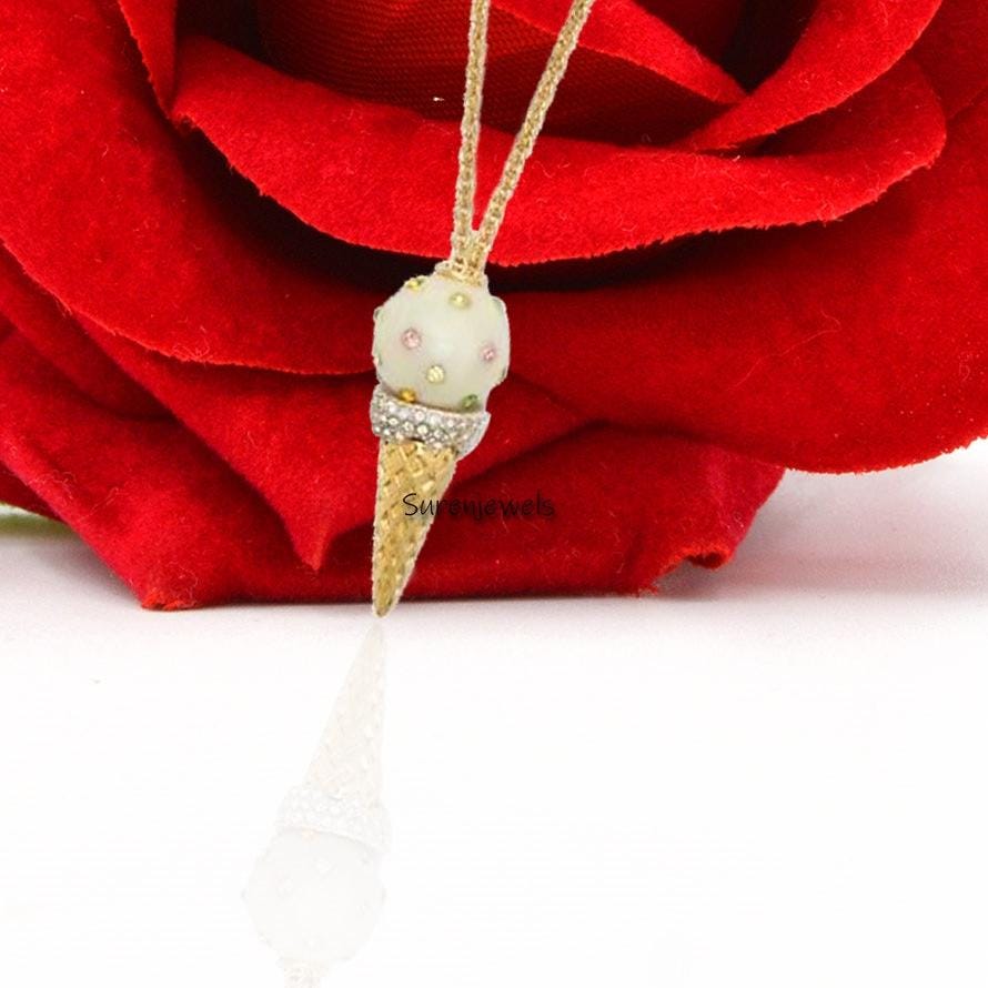 14K Gold Gemstone Ice Cream Cone Pendant: Miniature Vanilla CZ Gold Necklace - View 2 - Suren Jewels | SKU: SJP