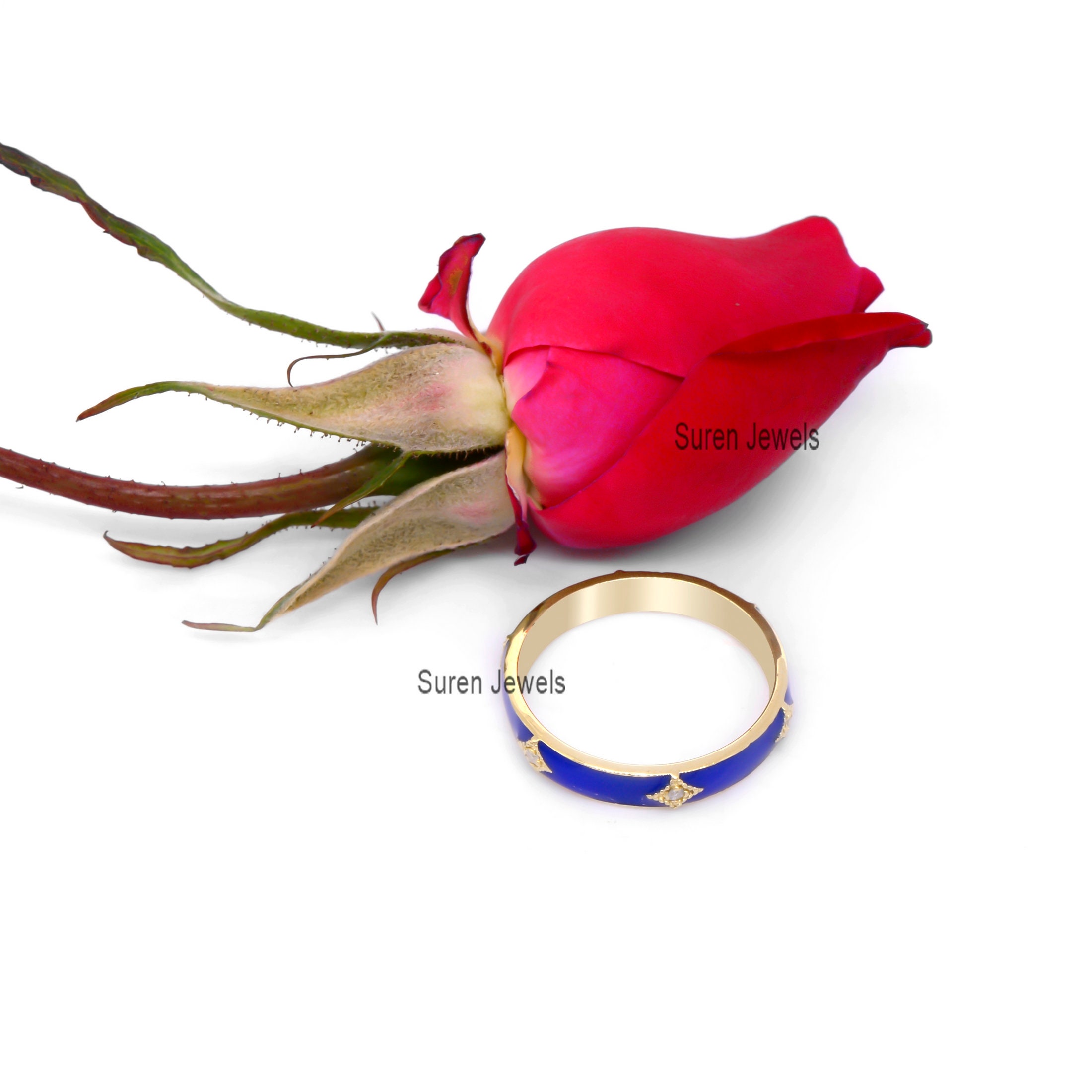 Diamond & Enamel 925 Sterling Silver Stacking Ring - View 6 - Suren Jewels | SKU: SJR632-SLYGDIELB