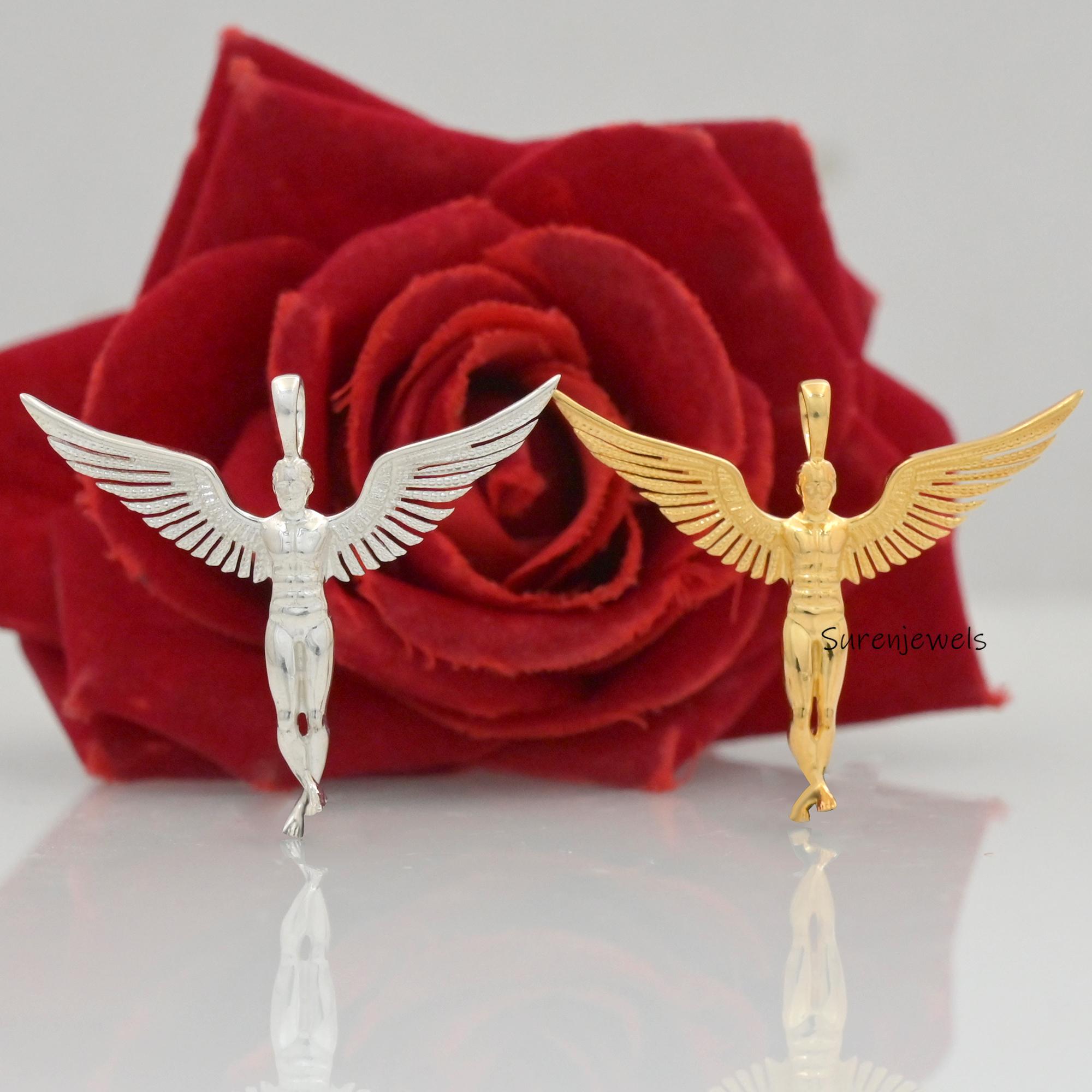 14k Solid Gold Archangel Angel Pendant, Guardian Angel Wings Pendant, Gold Angel Jewelry, Solid Gold Icarus Angel Pendant