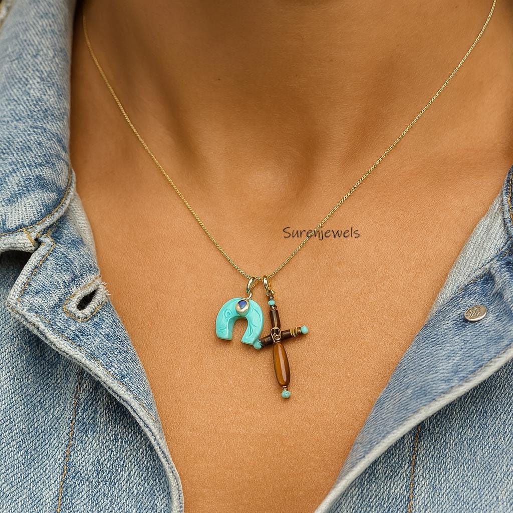 14k Plated Turquoise Horseshoe Pendant: gemstone cross charms - View 2 - Suren Jewels | SKU: sjp