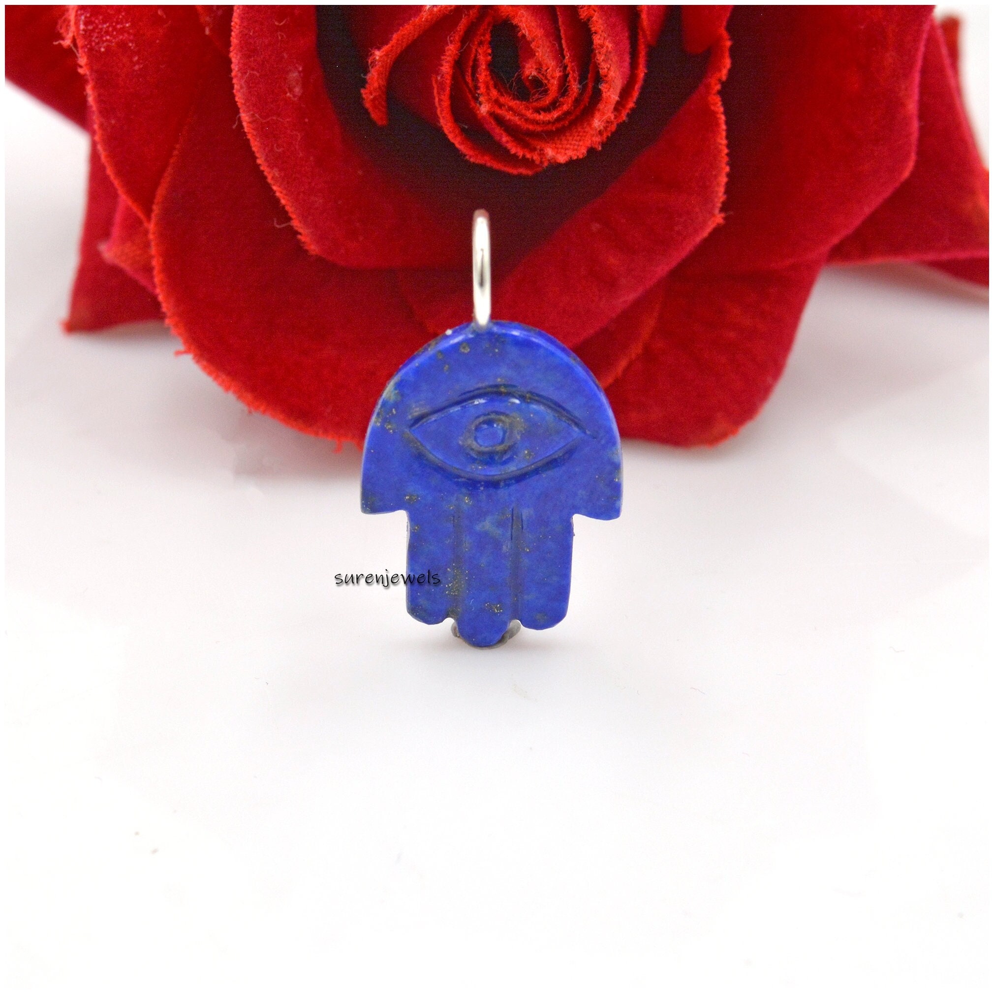 Carved Lapis Lazuli Hamsa Pendant: 14k Gold & Ruby Amulet - View 2 - Suren Jewels | SKU: SJP1390