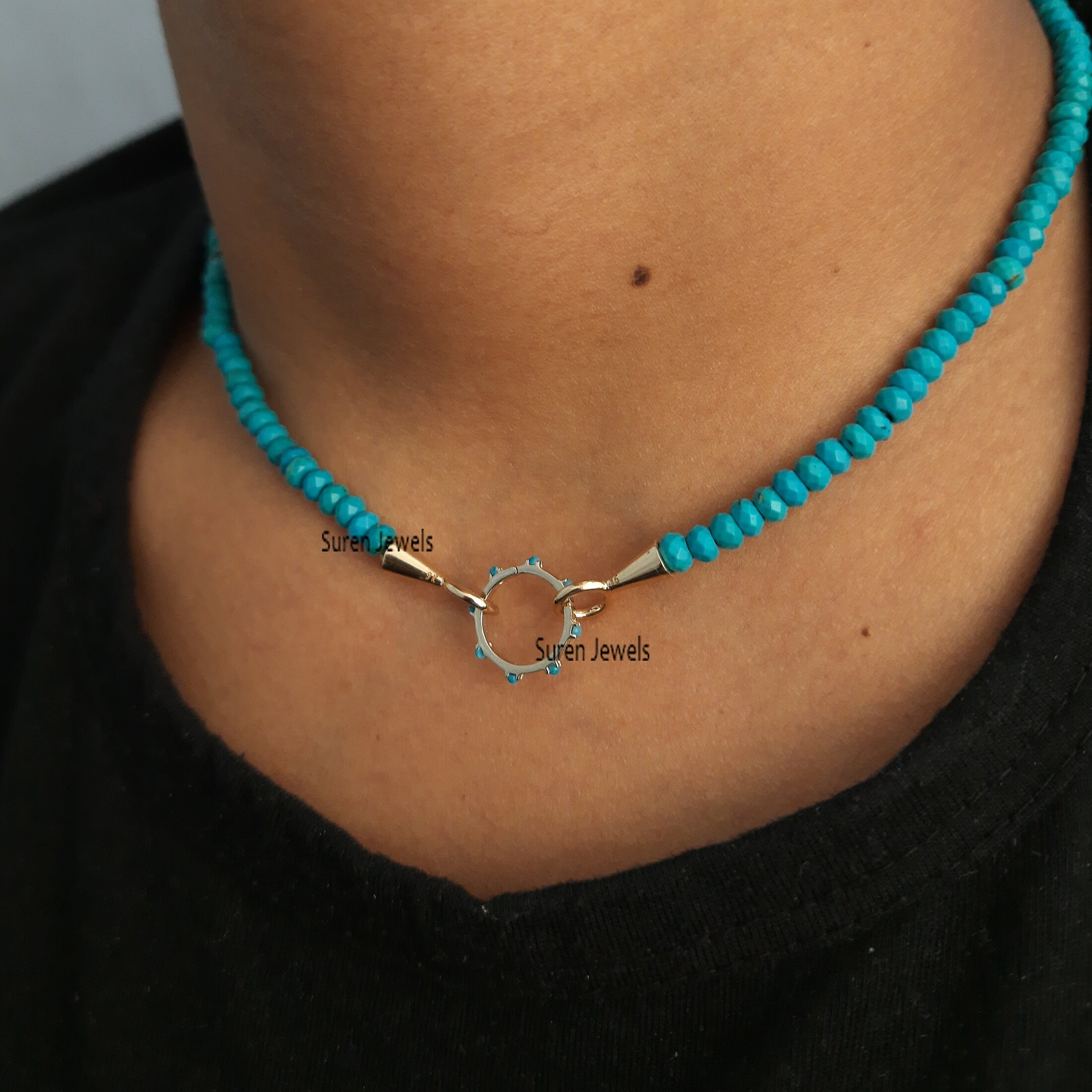 14K Gold Round Charm Holder: Turquoise Enhancer Lock - View 5 - Suren Jewels | SKU: SJP529-14KYGTQ-N247