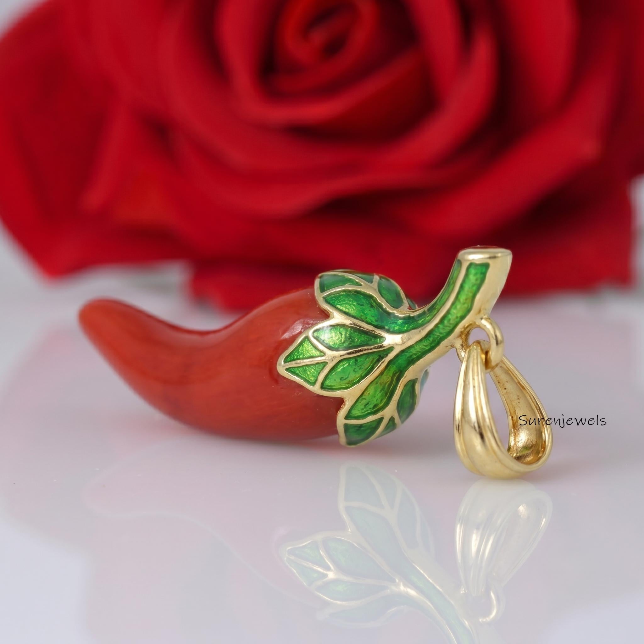 14K Gold Coral Chili Pendant, Gemstone Chili Pendant, Enamel Chili Pendant, Foodie Chili Jewelry, Designer Chili Charm, Carvi