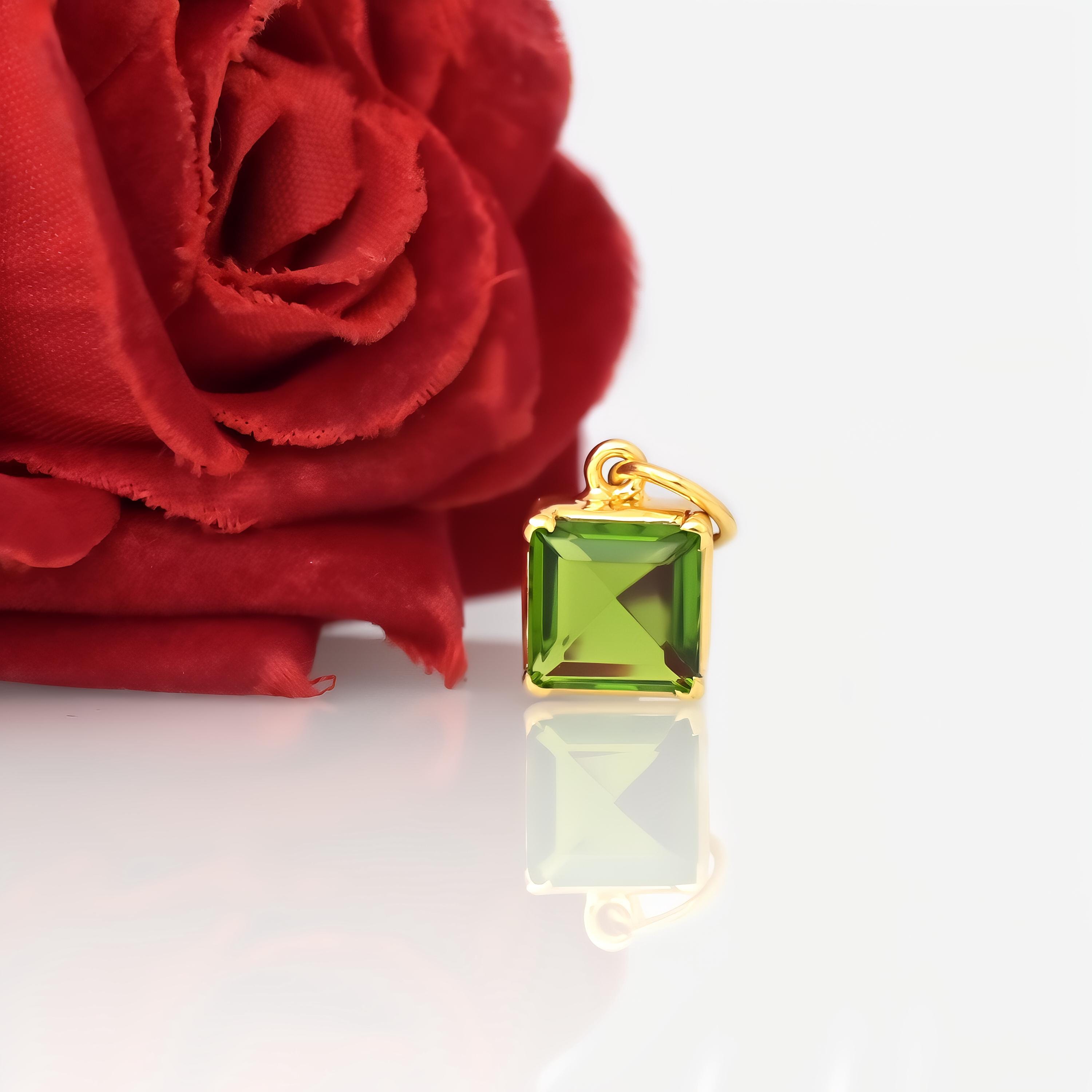 14K Gold Peridot Emerald Cut Solitaire Pendant: Bezel Setting - View 3 - Suren Jewels | SKU: SJP4361-SLNSBCH-15M