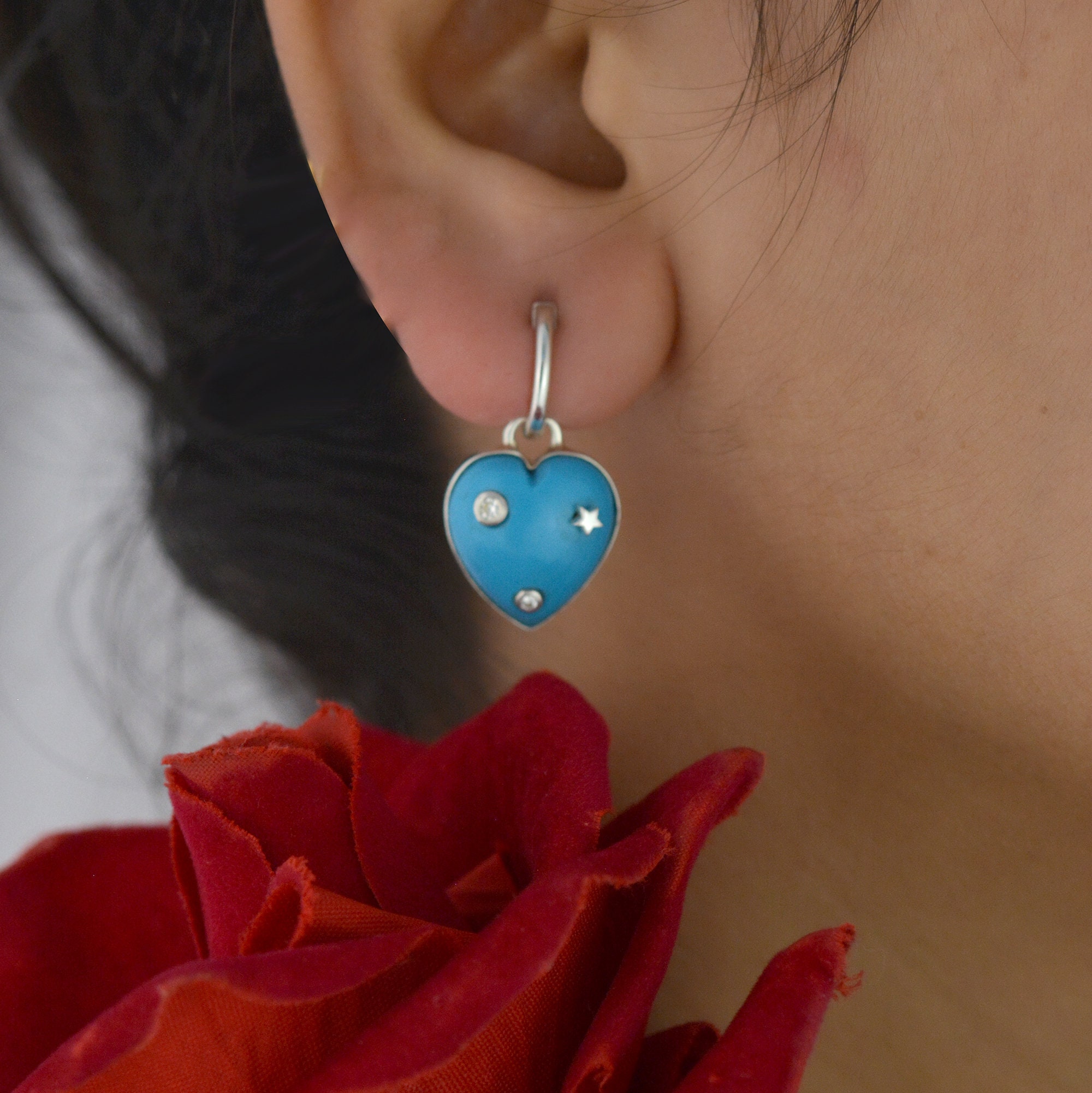 Turquoise Heart Dangle Earrings: 925 Silver Hook Earrings - View 2 - Suren Jewels | SKU: SJE1052