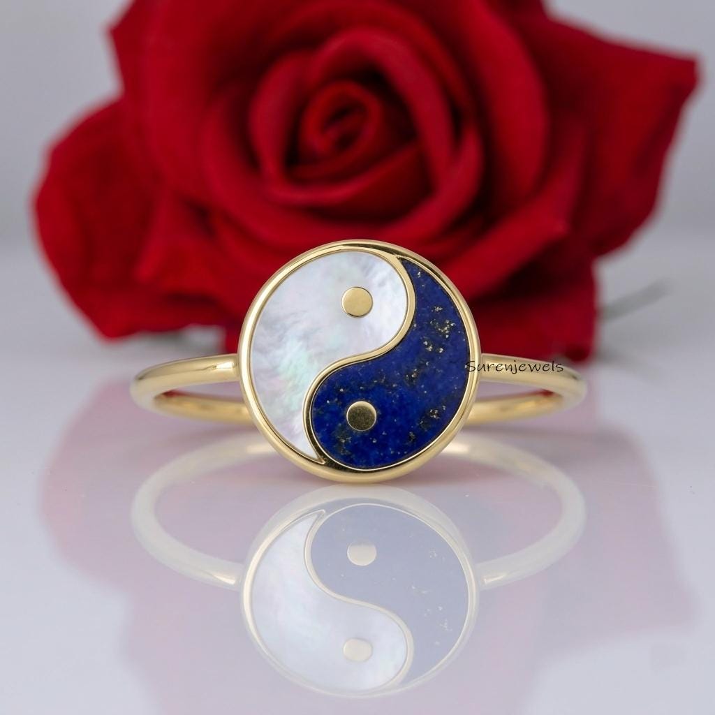 Lapis & MOP Yin Yang Ring, Yin Yang Ring, Spiritual Yin Yang Jewelry, Chinese Symbol Ring, Gemstone Yin Yang, Designer MOP Yi
