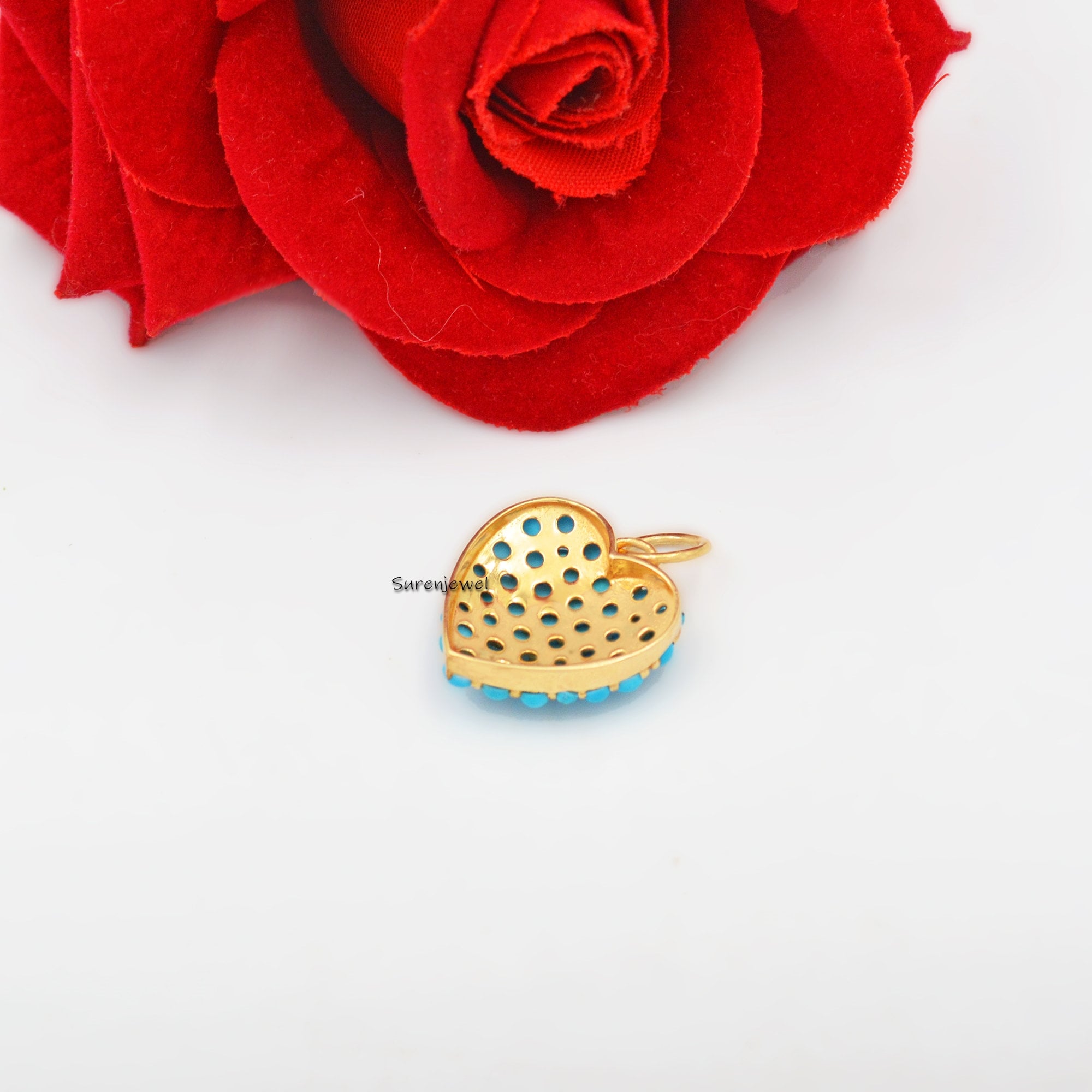 14K Gold Turquoise Heart Pendant: Dainty Gemstone Charm - View 3 - Suren Jewels | SKU: SJP1003