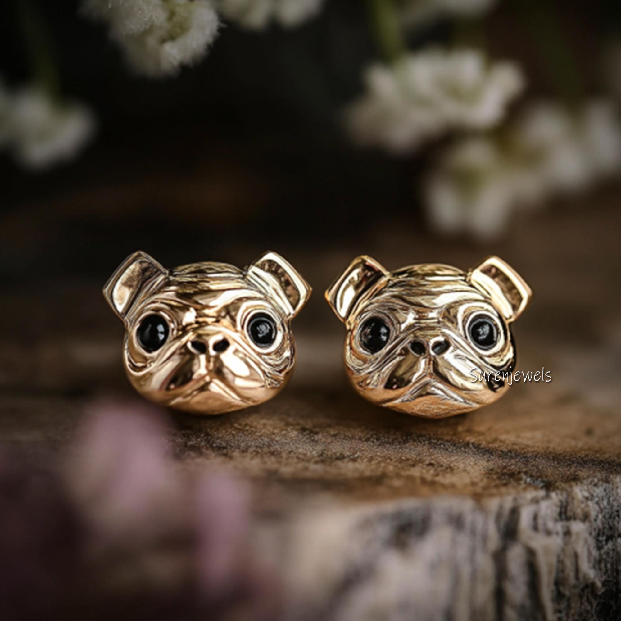 14K Gold Pug Face Stud Earrings: Animal Jewelry - View 3 - Suren Jewels | SKU: SJE2036-SLYGCZELBK-10M,SJE1790-SLYGBKCZ-10M,SJ