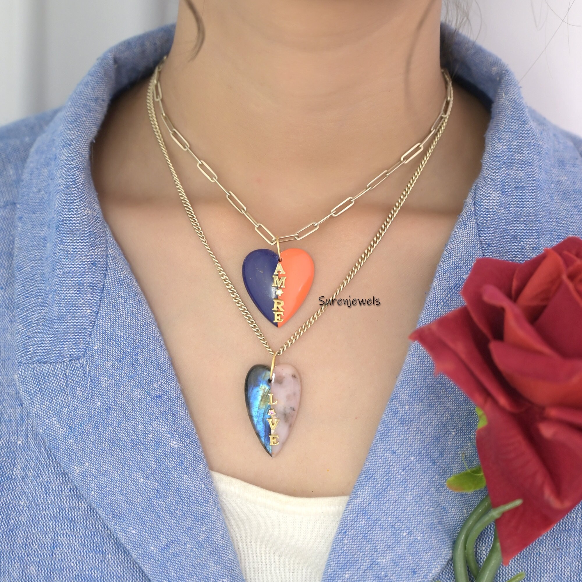 14k Gold Gemstone Heart Letter pendant: Coral & Crystal Love Pendant - View 3 - Suren Jewels | SKU: SJP1619-