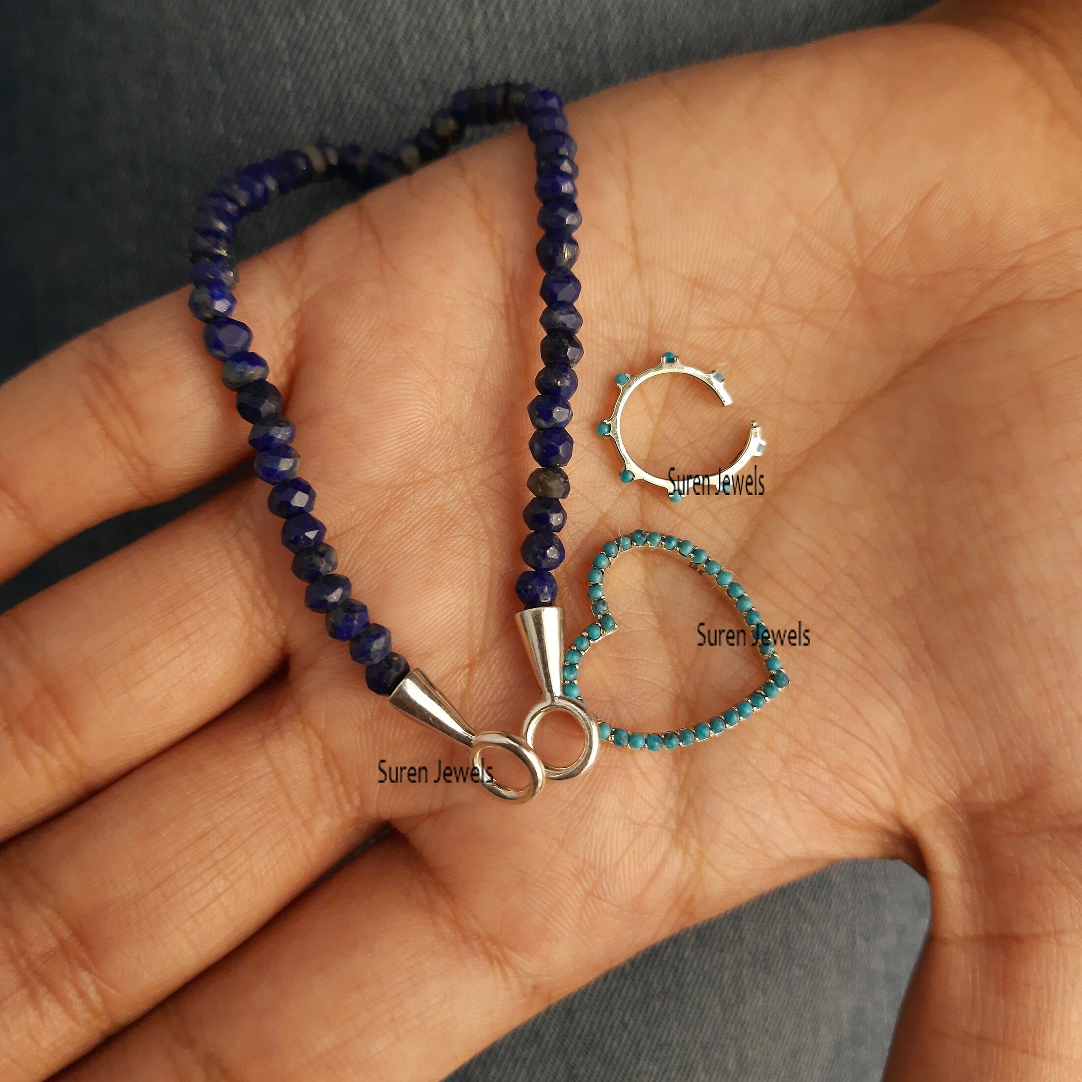 Lapis Lazuli Beaded Choker: Silver Charm Holder Necklace - View 3 - Suren Jewels | SKU: SJN247-SLWGLPZ-18I