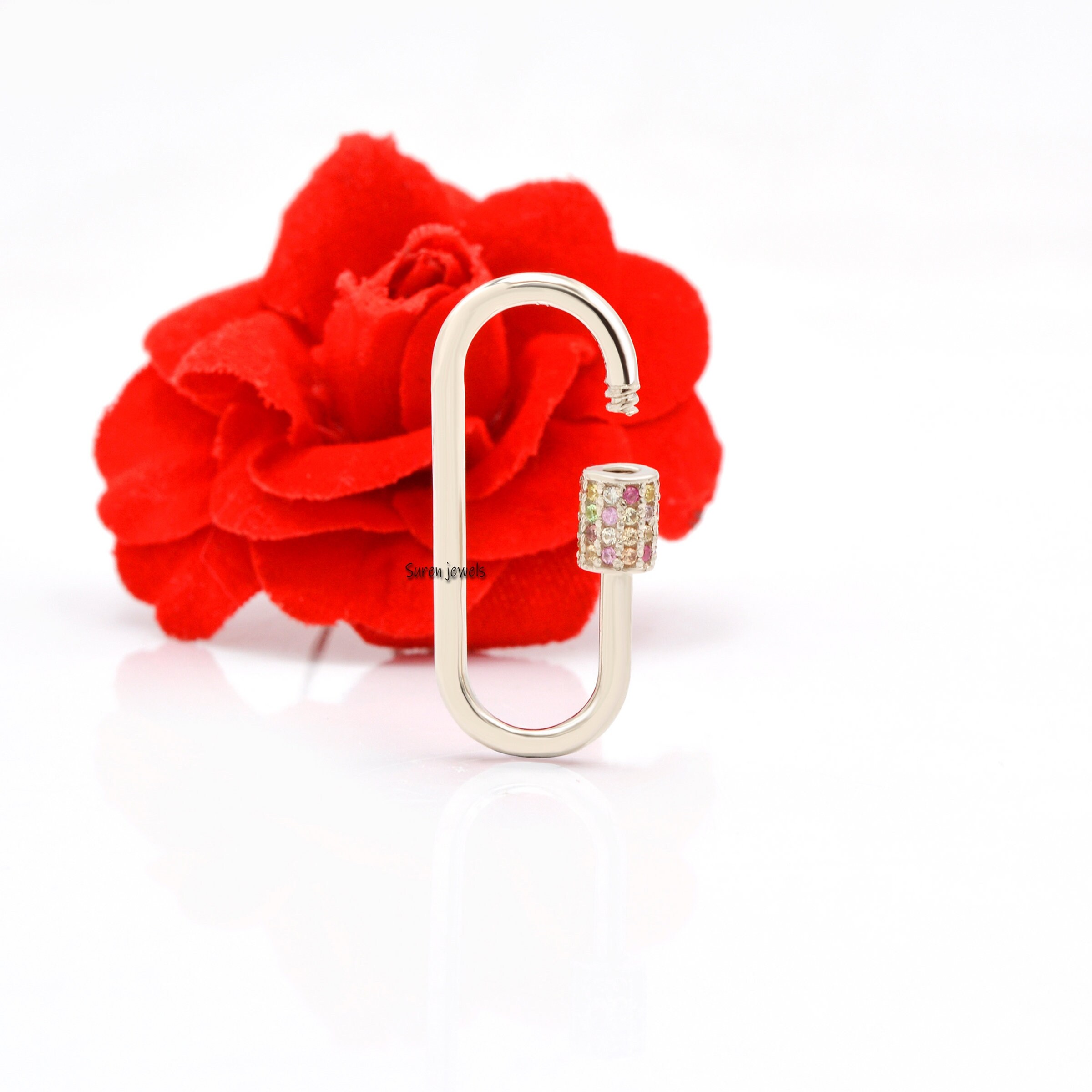 14k Gold Carabiner Lock with Multi Sapphire Accent - View 5 - Suren Jewels | SKU: SJC132-14KYGMT