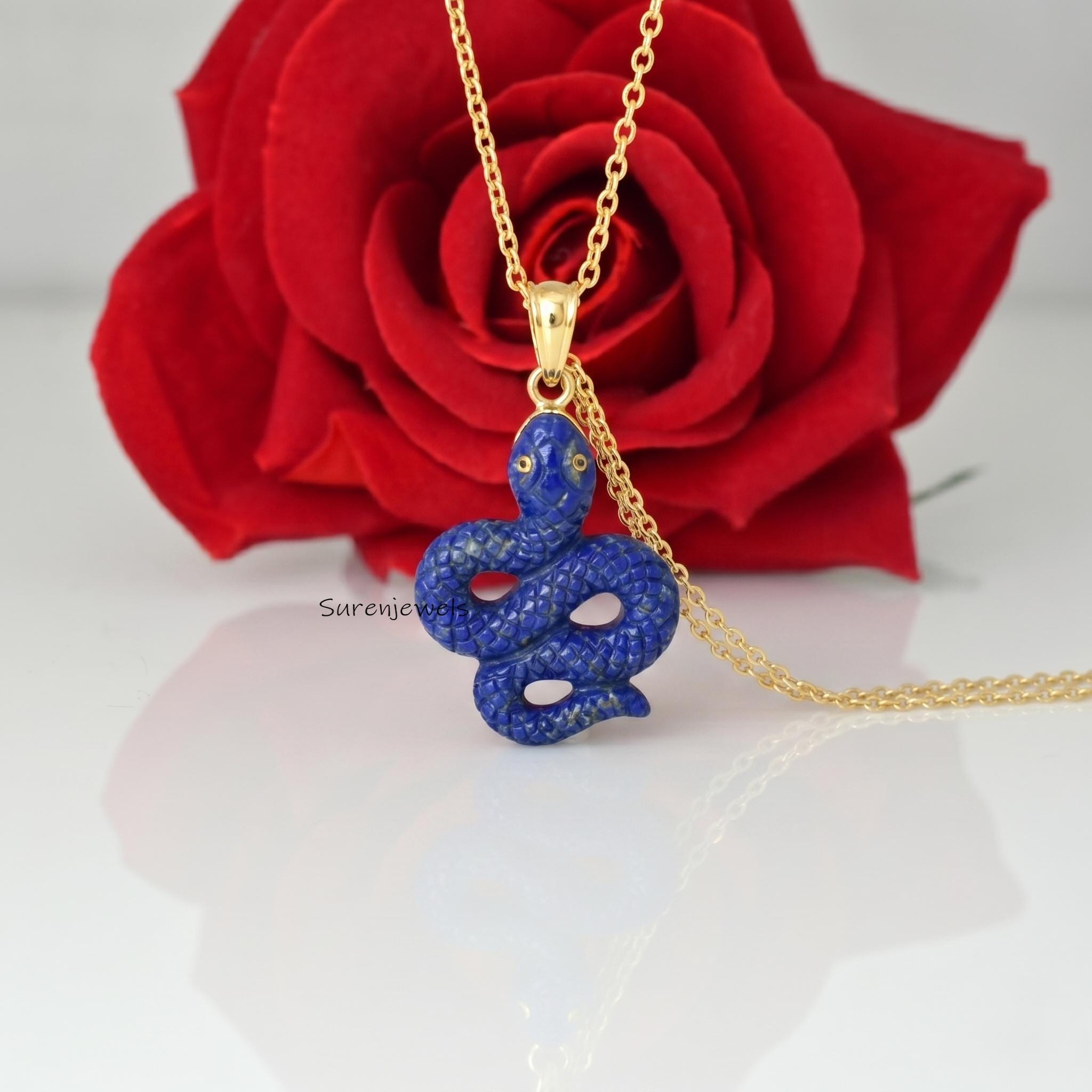 14K Gold Plated Lapis Lazuli Snake Pendant, Hand Carved Serpent Pendant, Gemstone Animal Jewelry, Spiritual Protection Gift -