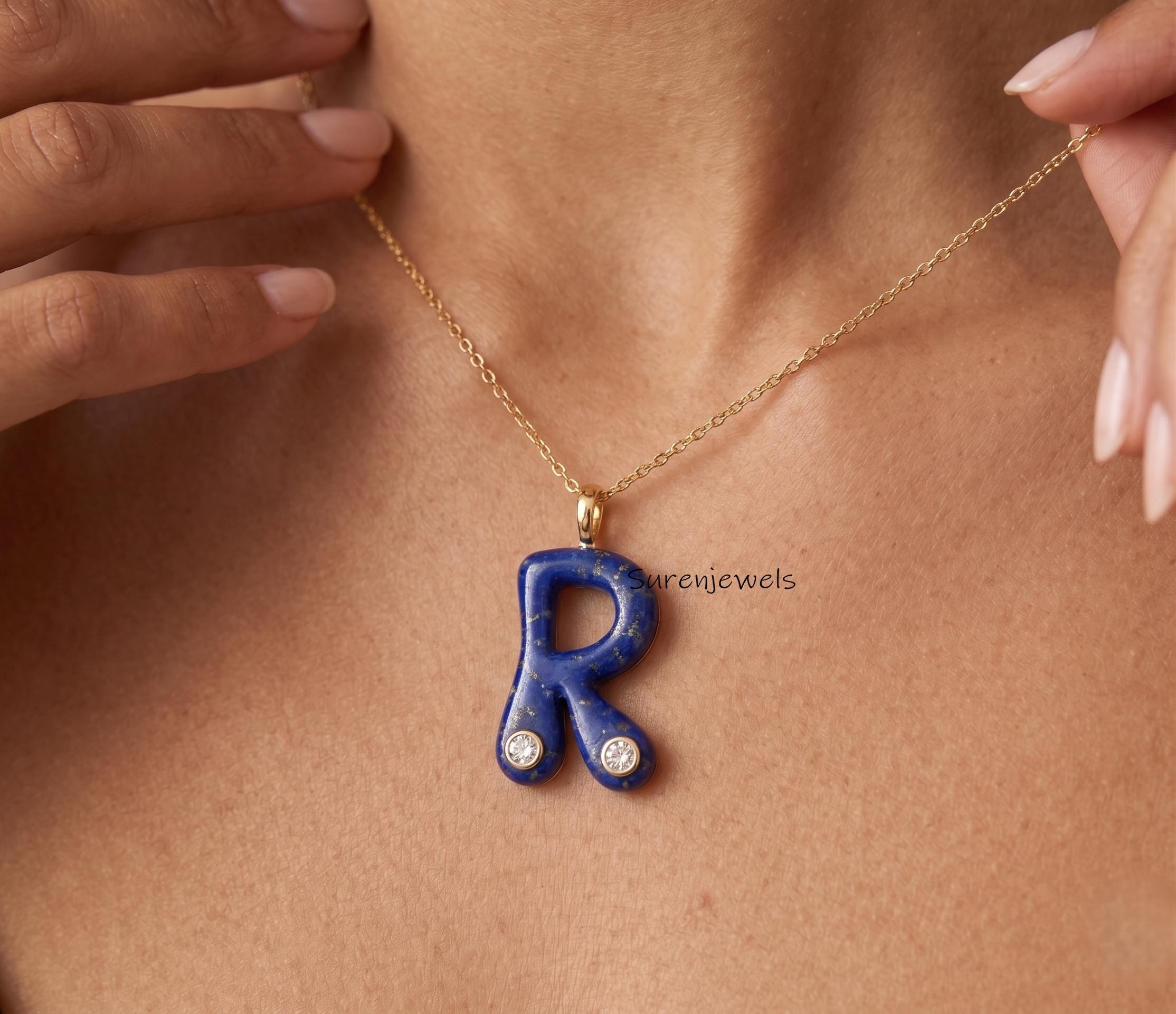Hand Carved 14k Gold Gemstone Letter Pendant, Carving Stone Initial Pendant, Handmade Designer Jewelry - Suren Jewels | SKU: