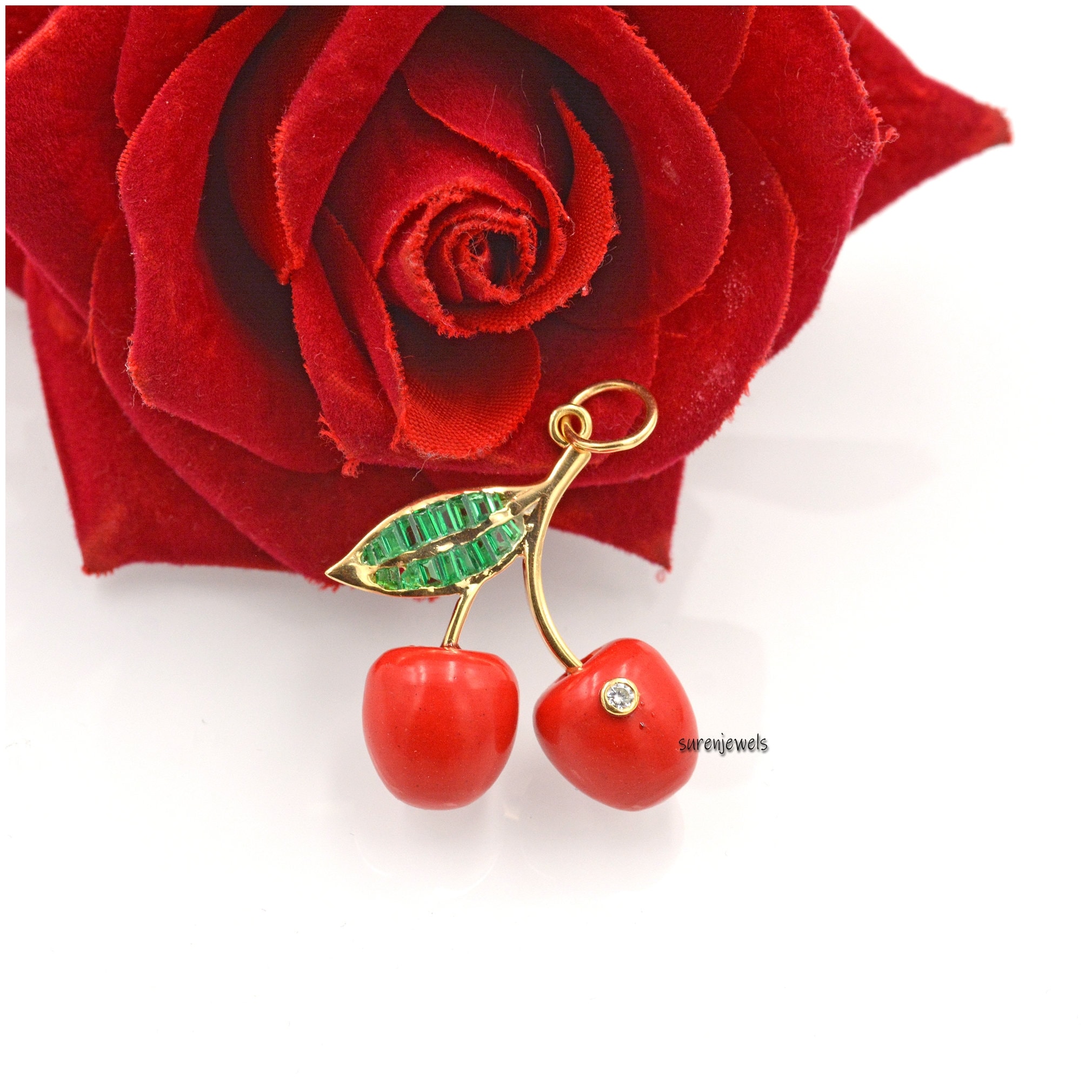 14K Gold Cherry Pendant: Coral Gemstone, Handmade Charm - View 2 - Suren Jewels | SKU: SJP1449-SLYGRCRCBTTCZMN