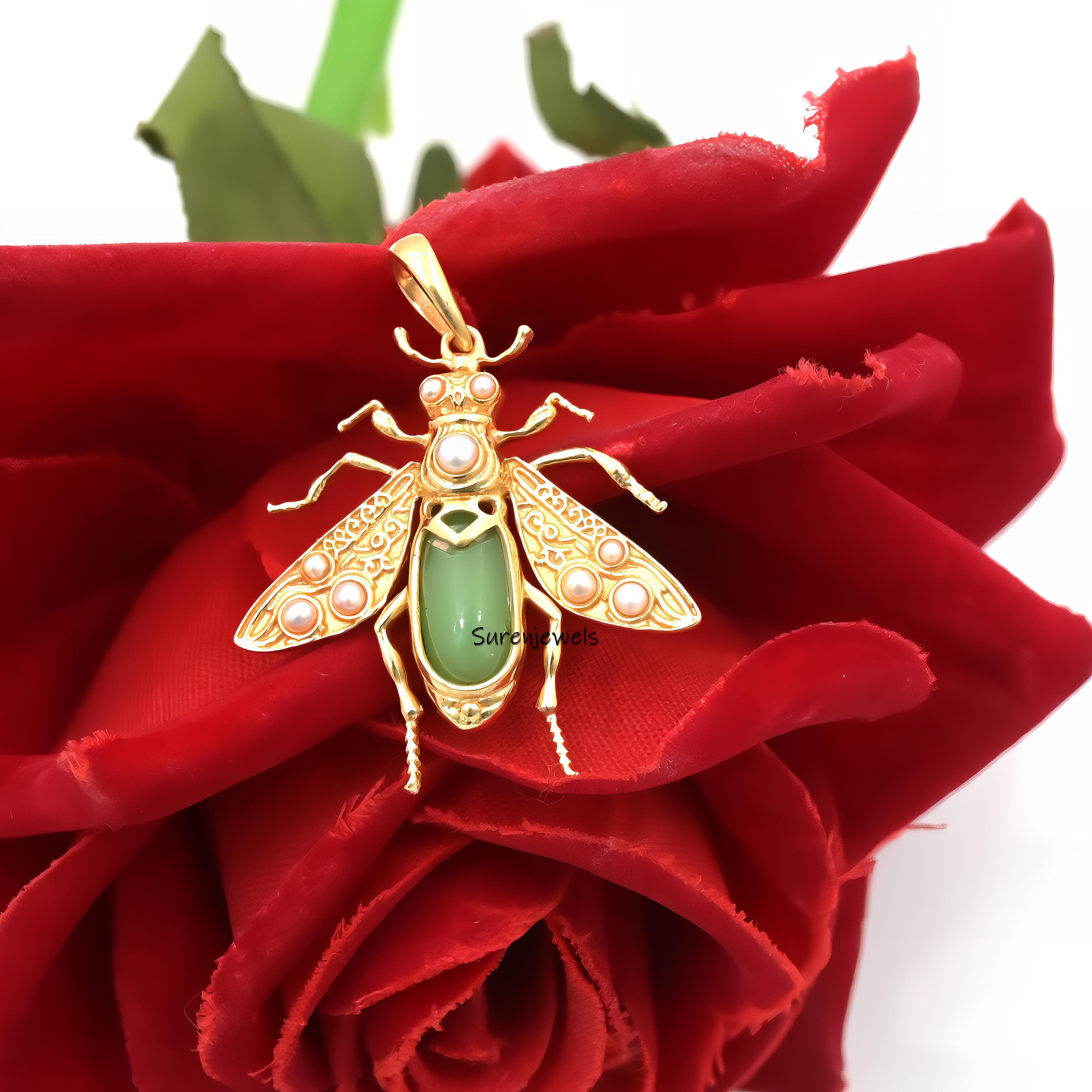 14k Solid Gold Opal Bee Pendant: Gemstone Honey Bee Charm - View 3 - Suren Jewels | SKU: SJP3864-SLYGGOP-25M,SJP4355-SLYGRCRP
