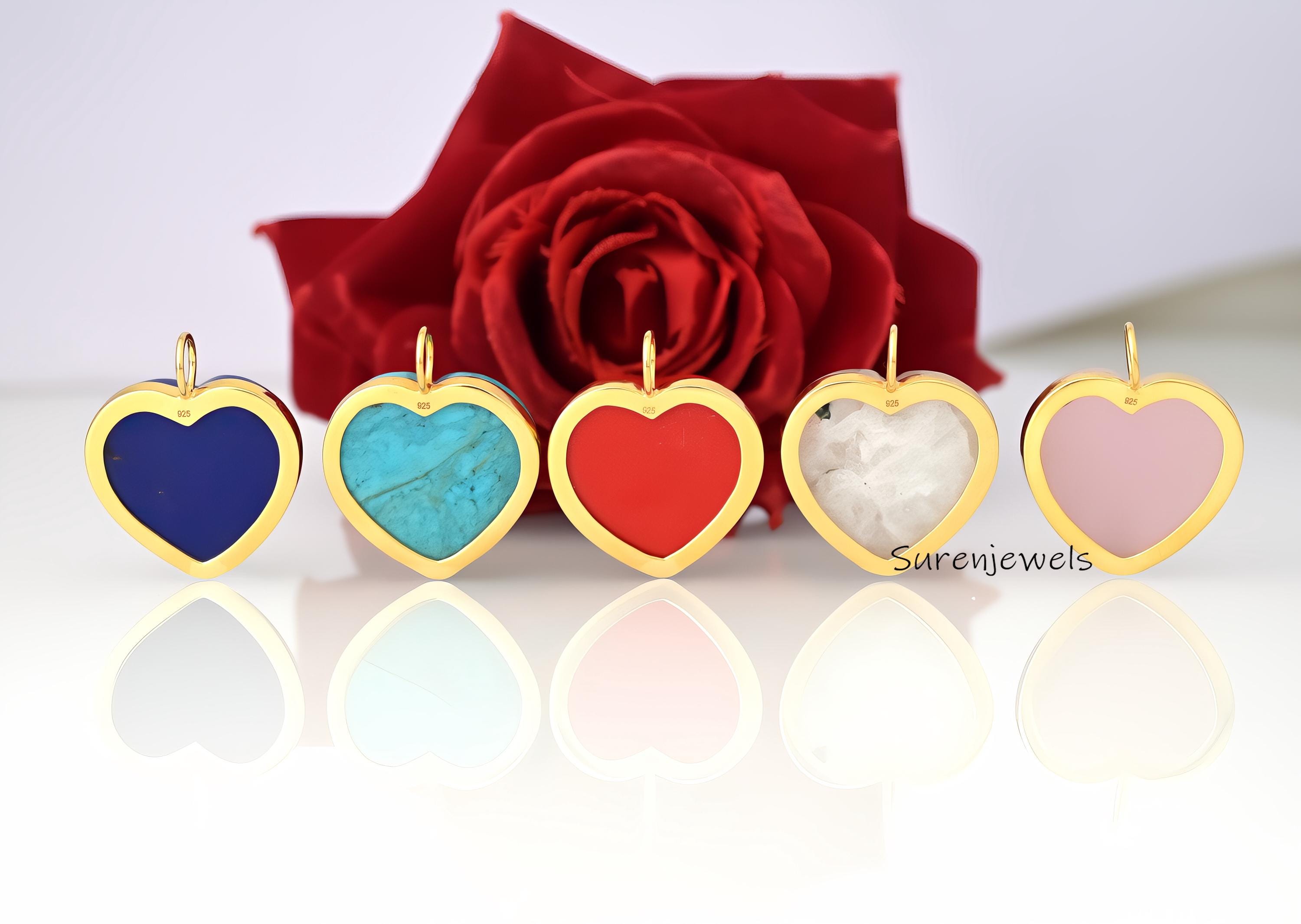 Hand Carved MOP Heart Pendant: Multi Gemstone Inlay (25 MM) - View 2 - Suren Jewels | SKU: SJP1405-SLYGCRMN