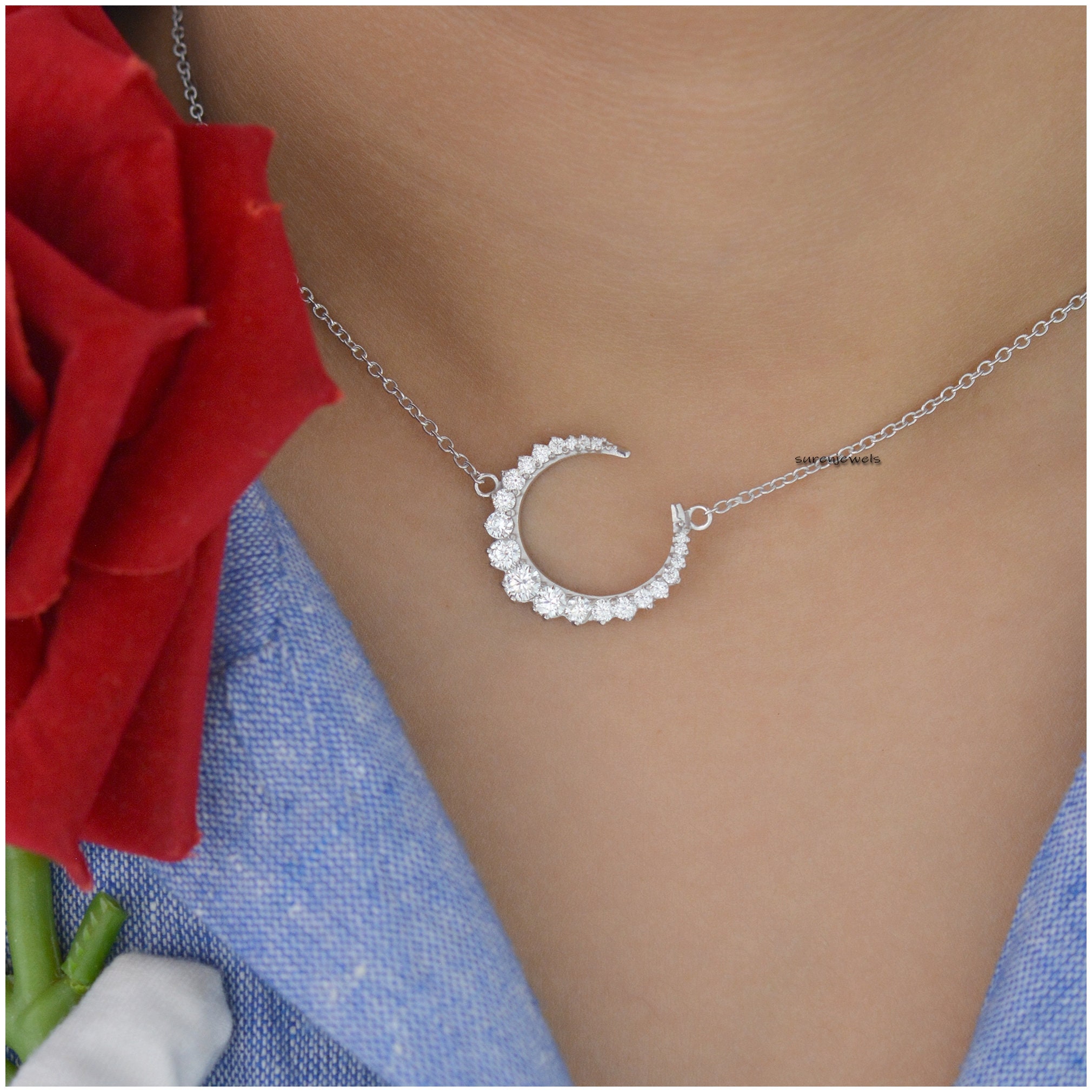 925 Silver Moissanite Crescent Moon Necklace - View 4 - Suren Jewels | SKU: SJN687-SLWGMN-16I